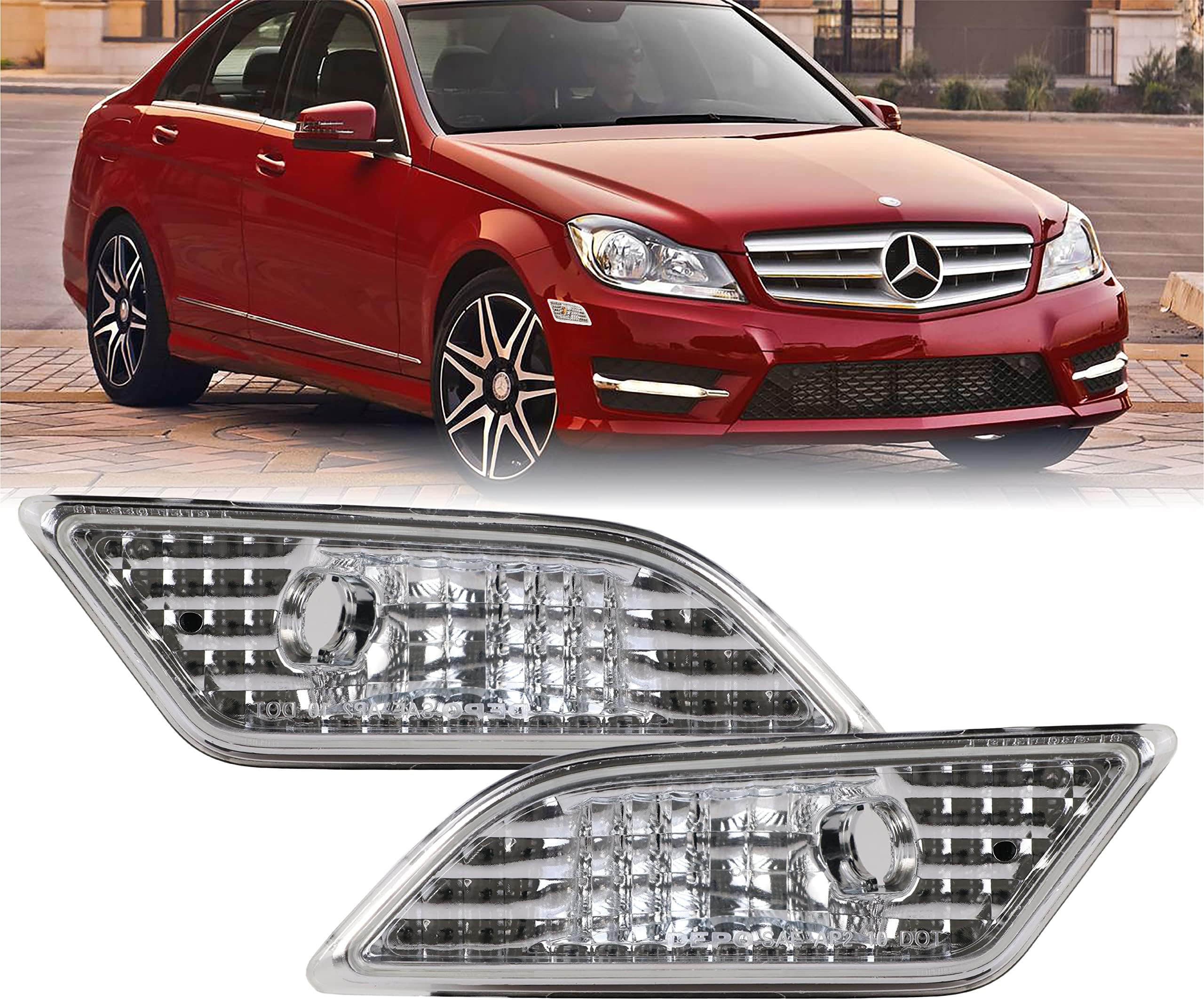 USR DEPO 12-14 W204 Clear Bumper Side Marker Light Assembly Set (Left + Right) Compatible for 2012-2014 Mercedes Benz W204
