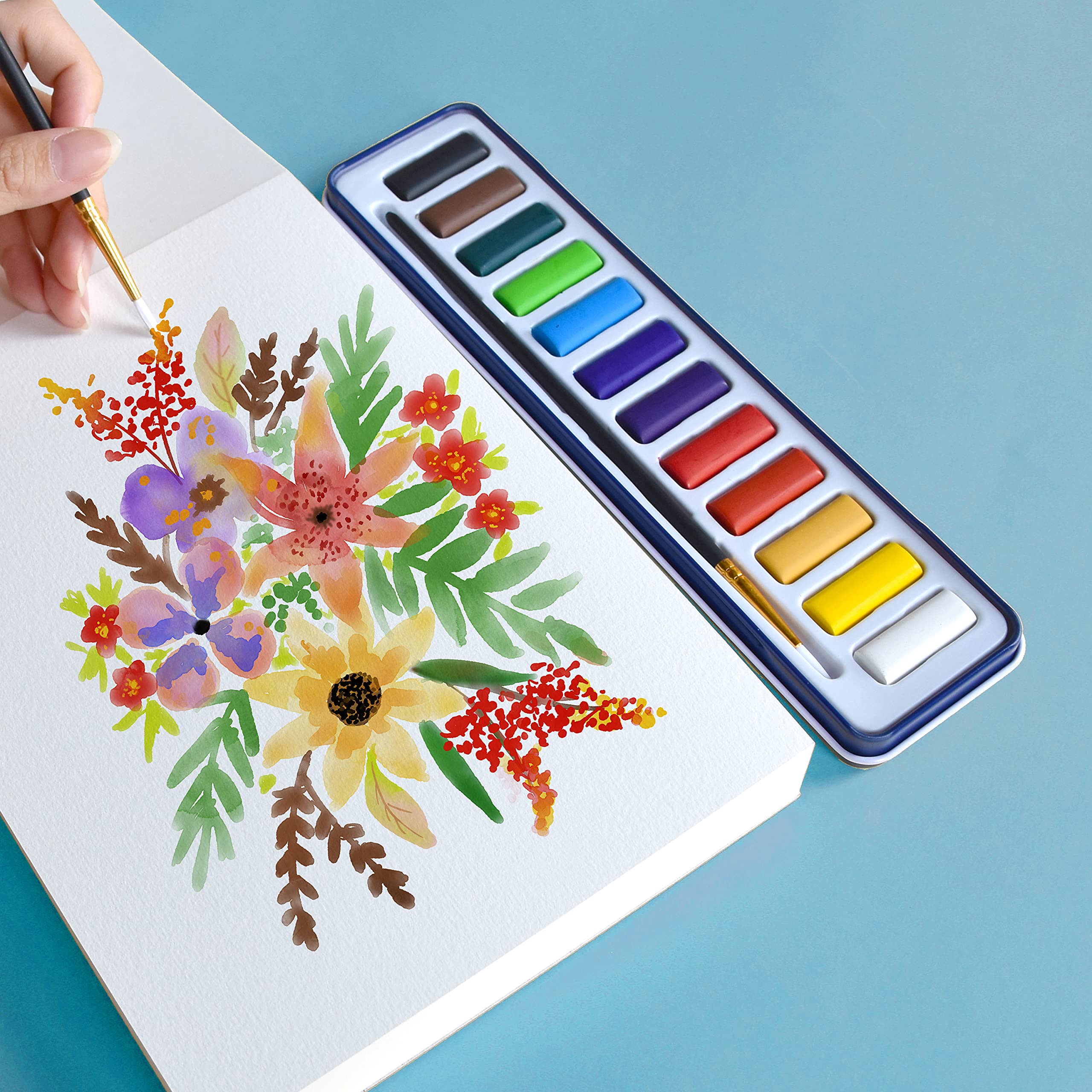 Stationery Island Palette de Peinture Aquarelle Set de peinture à l' aquarelle, 12 Couleurs pan + 1 Pinceau Aquatique + 1 Pinceau + Palette de mélange dans Une boîte en Fer-Blanc