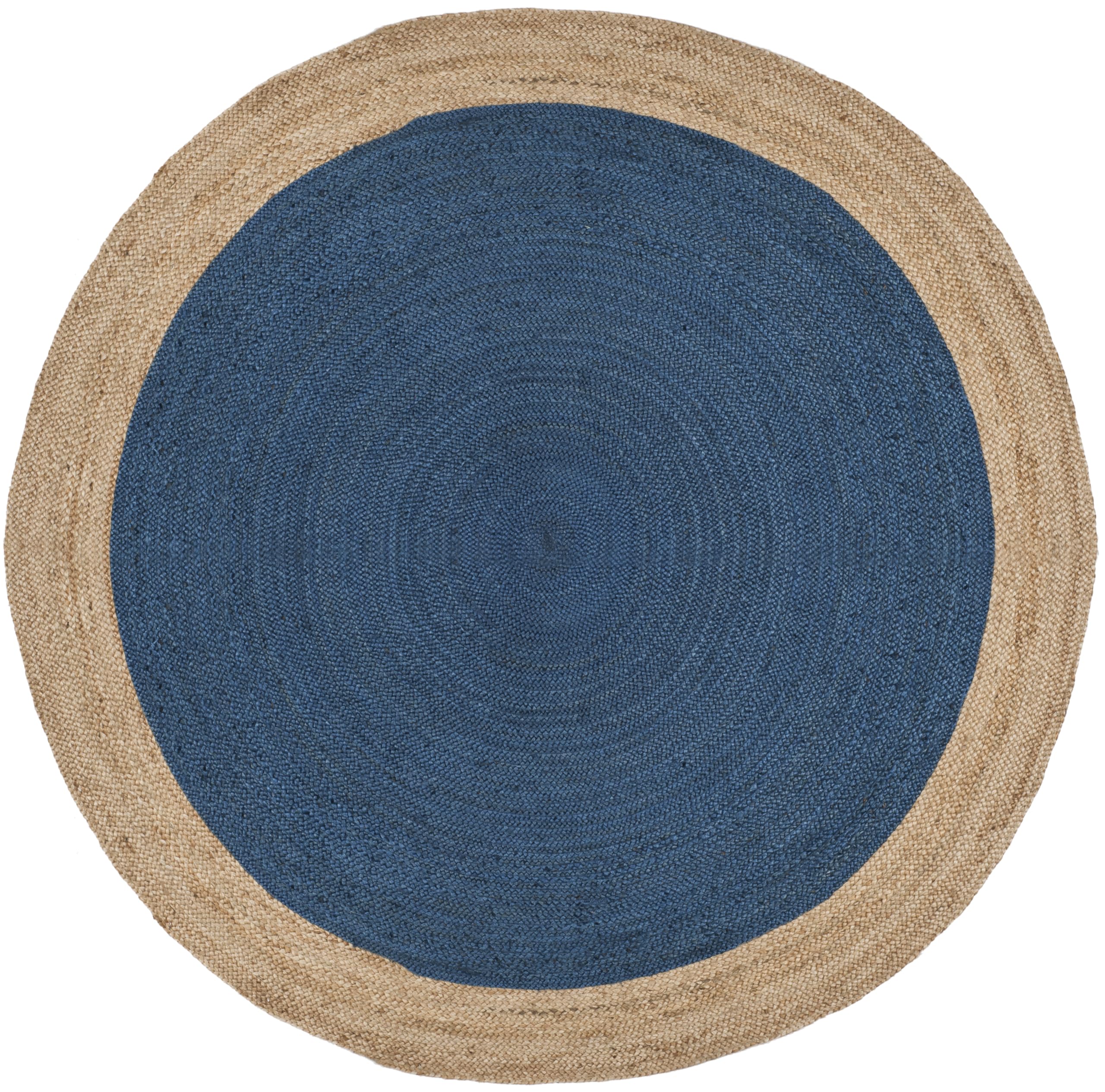 SAFAVIEH Area Rug 12' Round - Natural Fiber Collection - Large - Royal Blue & Natural Brown, Handmade Jute, Braided Border Design (NF801D)