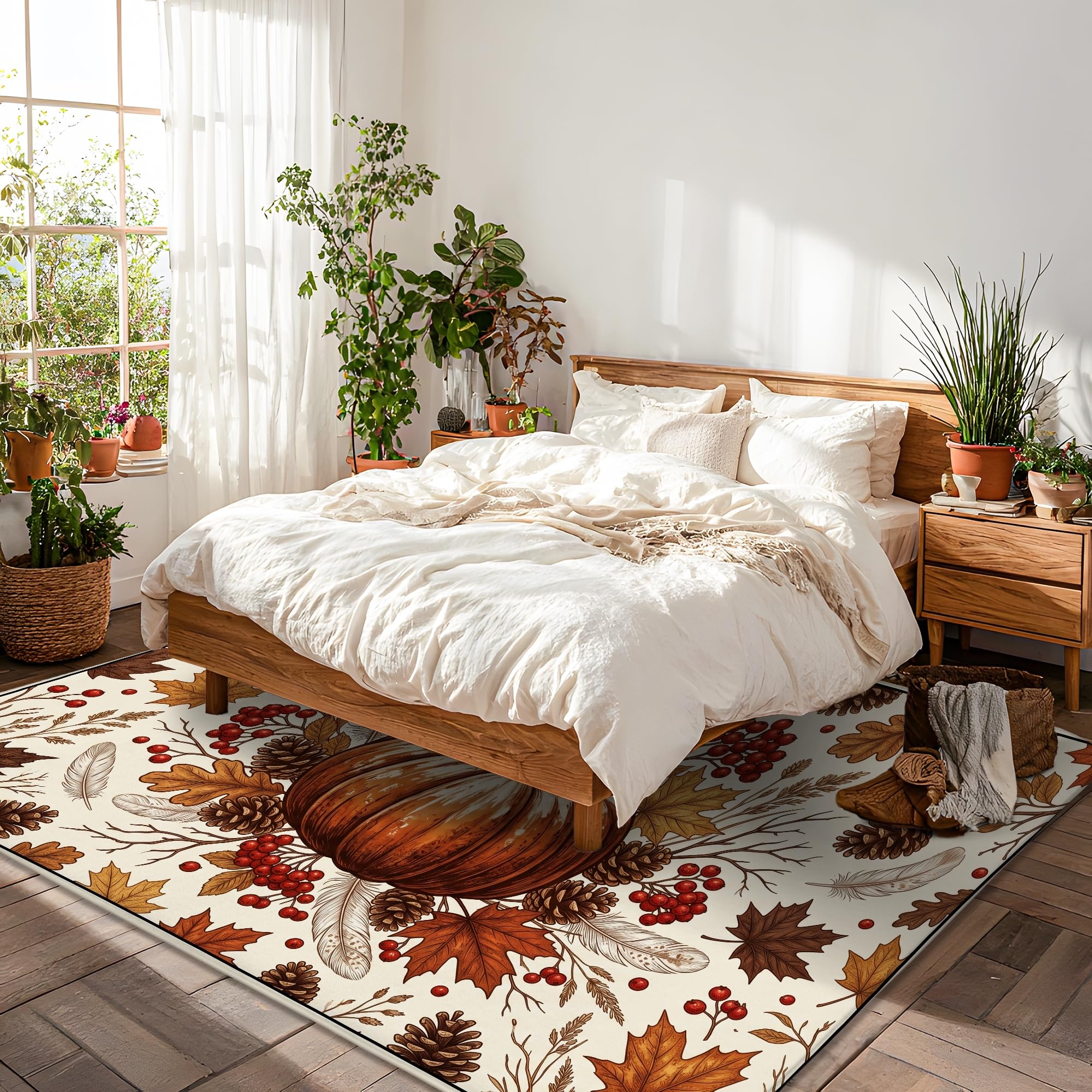 Alfombra de área de calabazas, rústica, tradicional, hojas, bayas, otoño, naranja, de pelo bajo, alfombra rectangular para el suelo, alfombras de suelo para sala de estar, dormitorio, aula, decoración