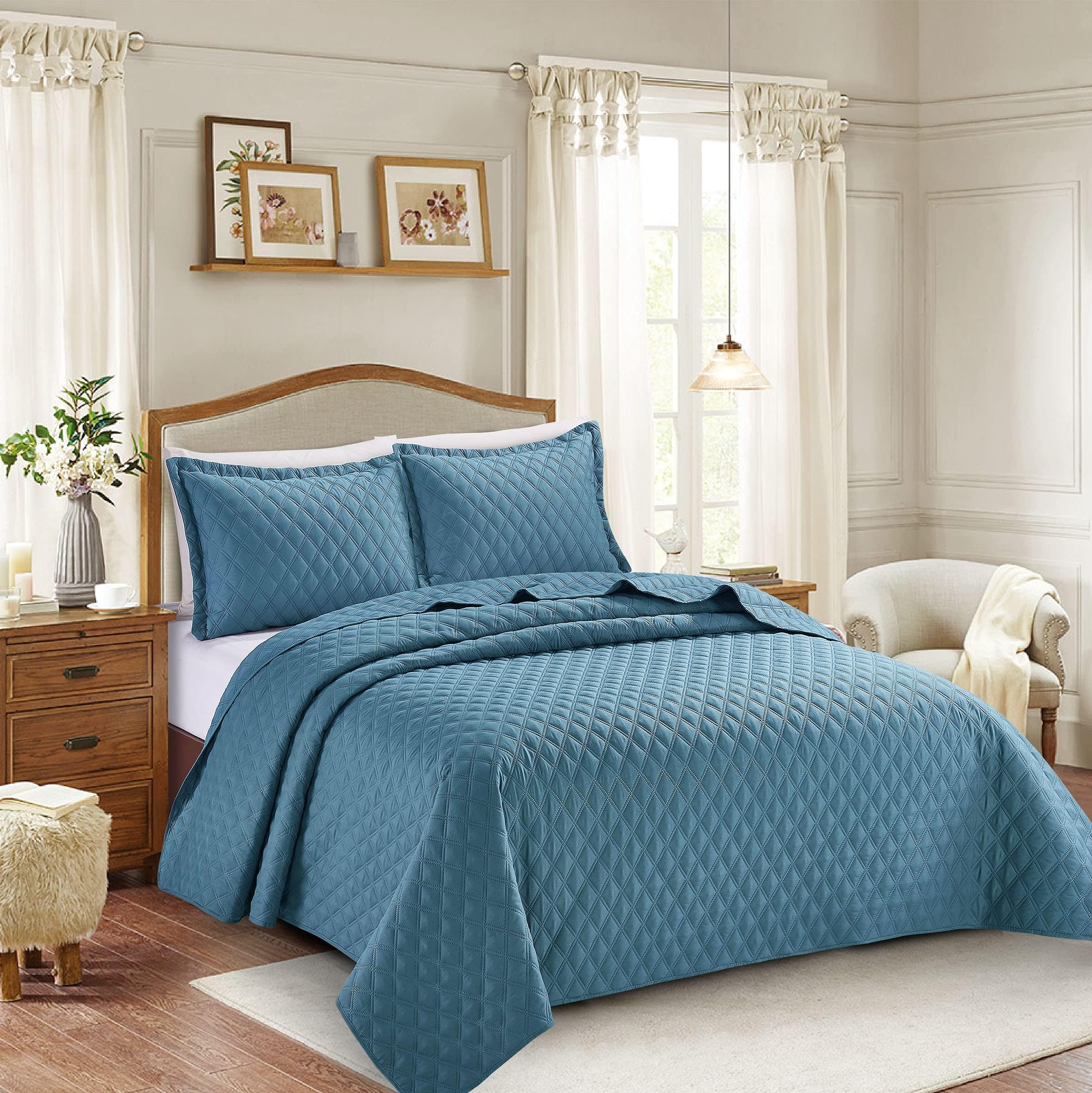 BQC Luxury Quilted Bedspread Bed Throw Comforter Embossed Pattern Machine Washable 2 Pcs Inspiration Bedding with 1 Pillow Case (Single, Blue)