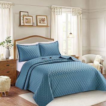 PRIME LINENS 3 Piece Inspiration Quilted Bedspread Embossed Pattern Comforter Bedding Set Bed Throw with Pillow Case Blue, Single 2 Piece