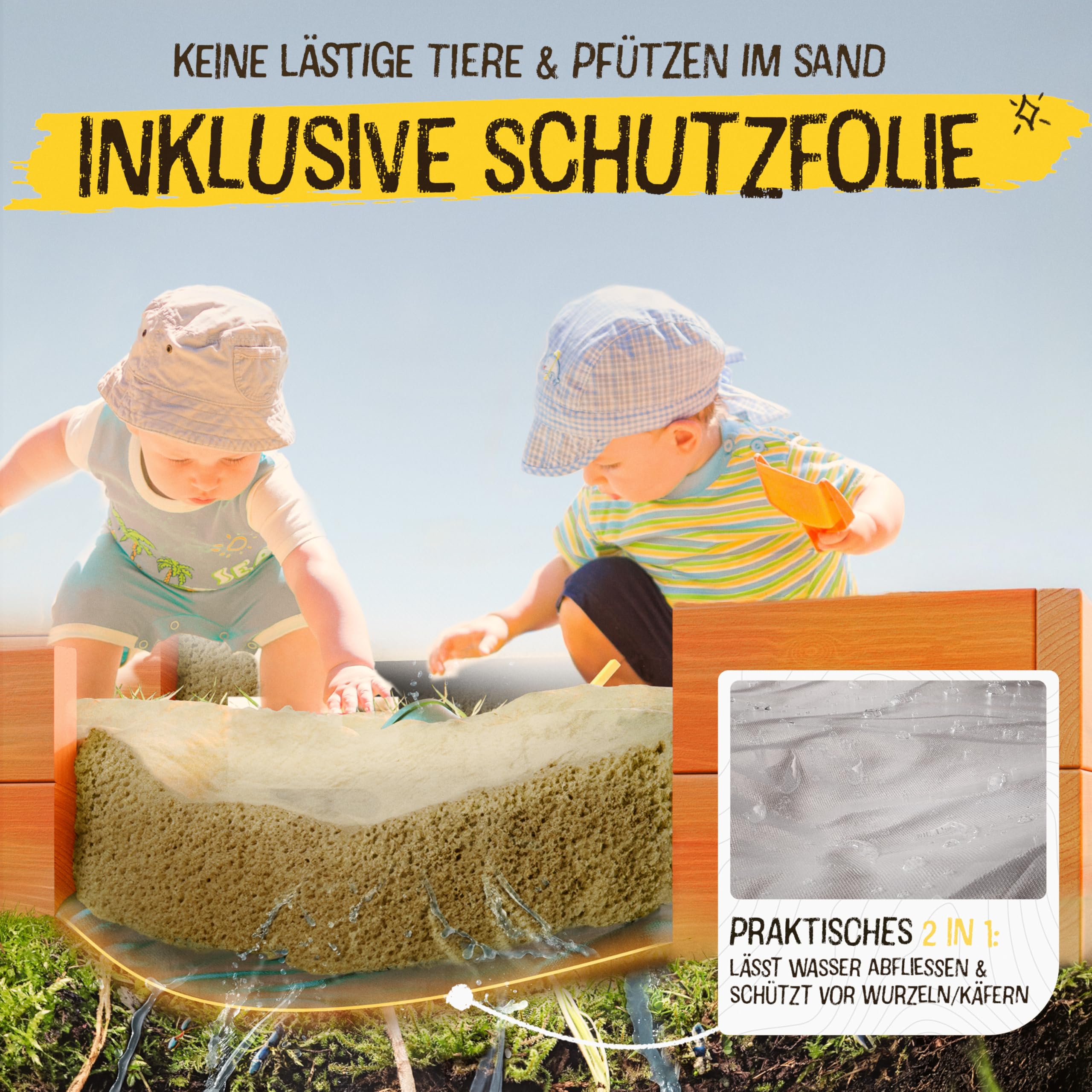 FRIEDO Sandkasten mit Abdeckung 150x40x18cm aus lasiertem Holz und Deckel I Sandkasten mit Matschküche I Sandbox ideal für Balkon, Terrasse, Garten I Sandkiste mit Abdeckung für kleine & große Kinder - 5