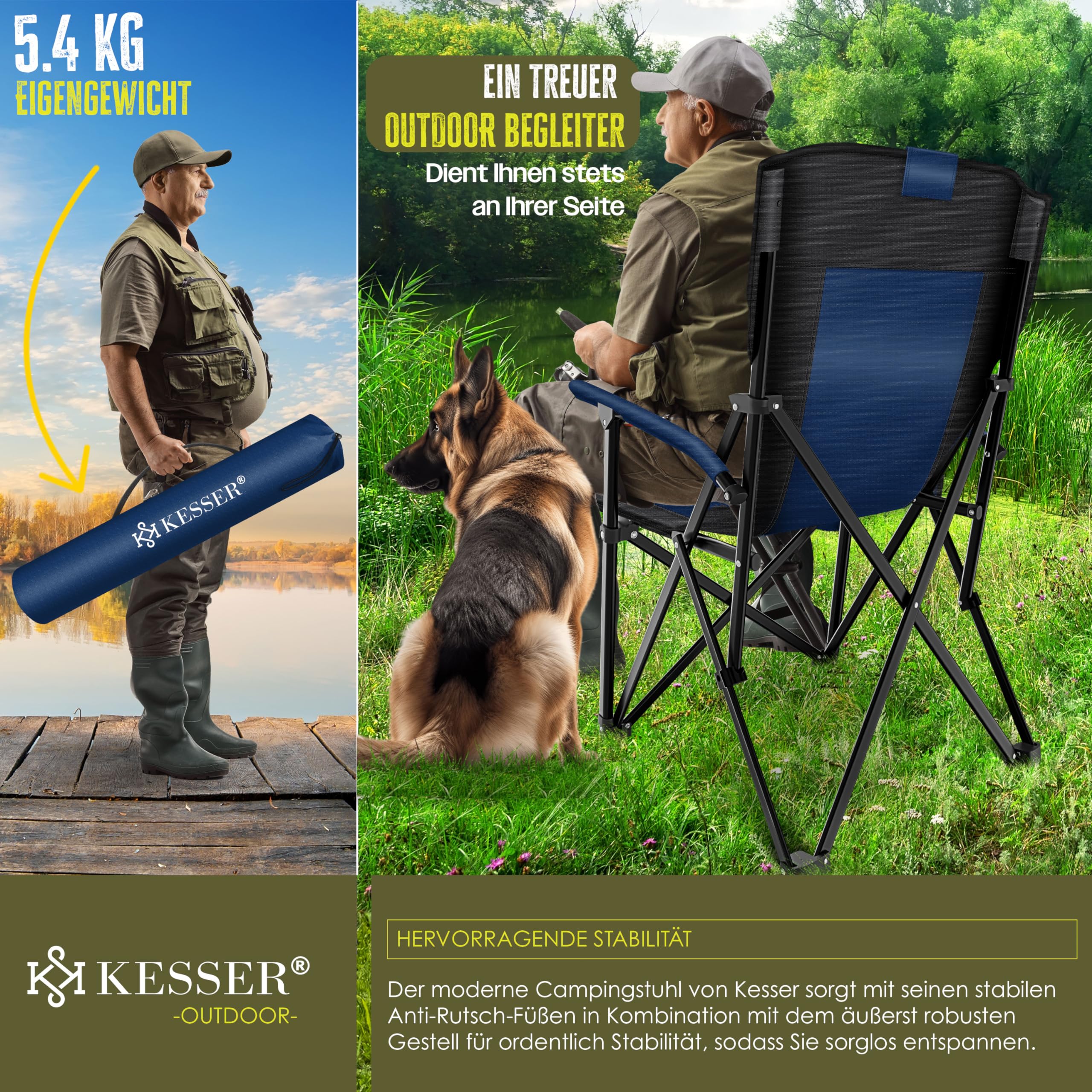 KESSER® Sedia da Campeggio Pieghevole fino a 160 kg, Imbottita con Braccioli, Luce da Campeggio, Portabicchieri, Borsa con Schienale Alto, con Porta Canne da Pesca, Navy Blue/Nero