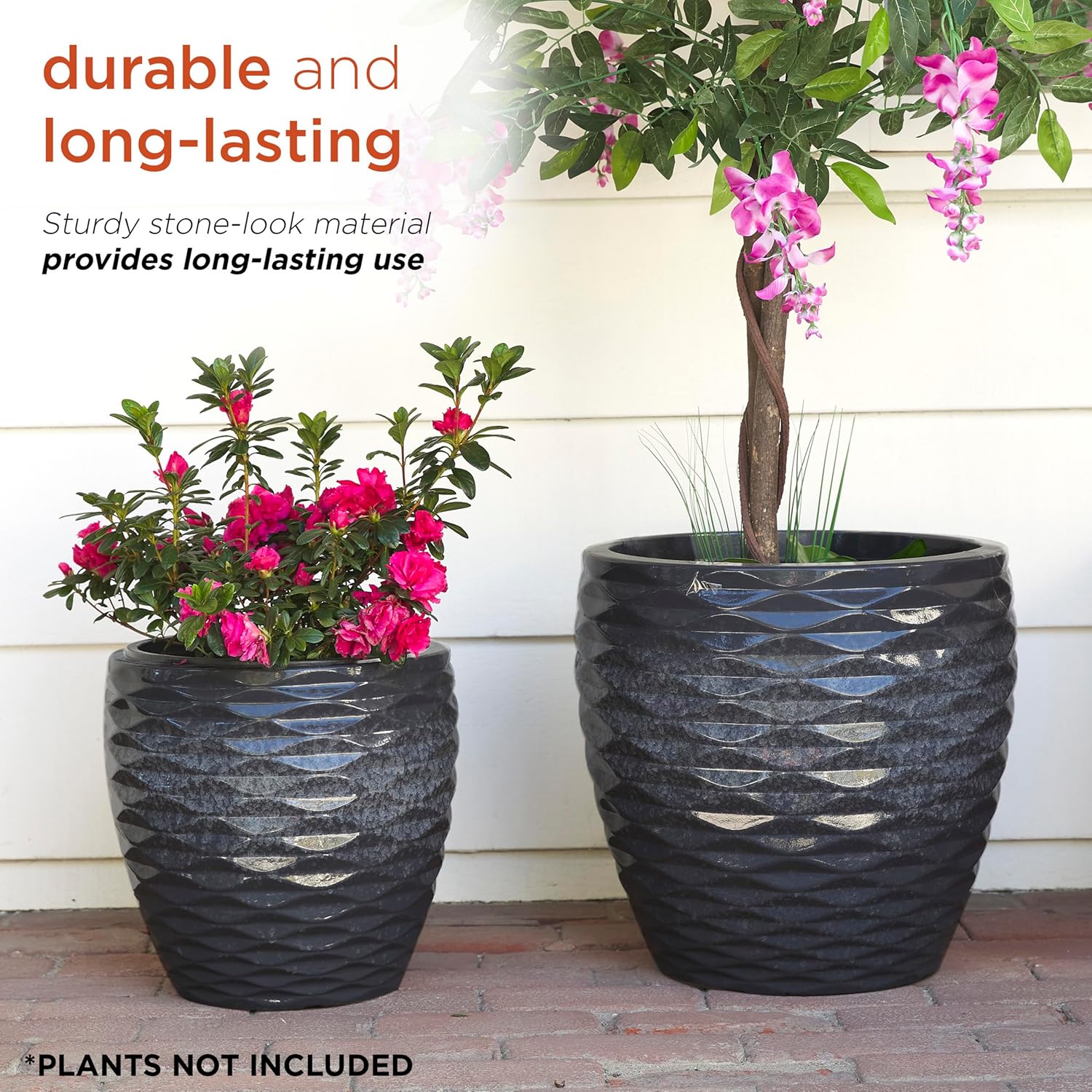 Alpine Corporation Indoor/Outdoor Embossed Wave Planters with Drainage Holes, Speckled Gray (Set of 2)