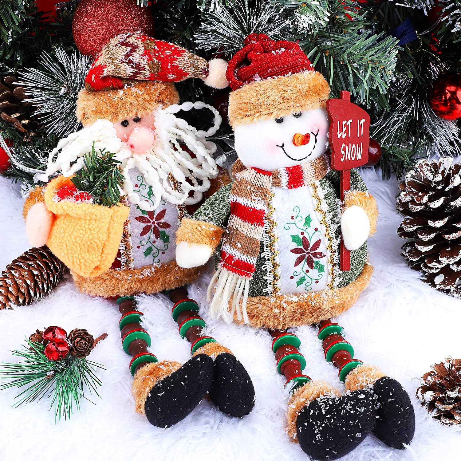 Aneco 2 Pack Handmade Christmas Long Legs Ornament Table Decorations Sitting Santa Snowman Desktop Table Decor Supplies
