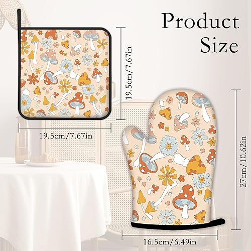 Miniatura 4 de Guantes de cocina retro de los años 70 y 60 con hongos hippies, guantes de cocina y soportes para ollas de cocina, juego de 2 piezas, almohadilla