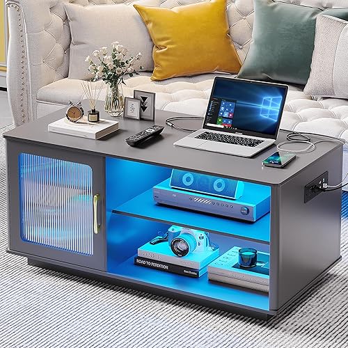 Mesa de centro LED regulable de 3 colores con sensor de cuerpo humano, mesa de sala de estar con 2 salidas y puertos USB y tipo C, mesa de comedor
