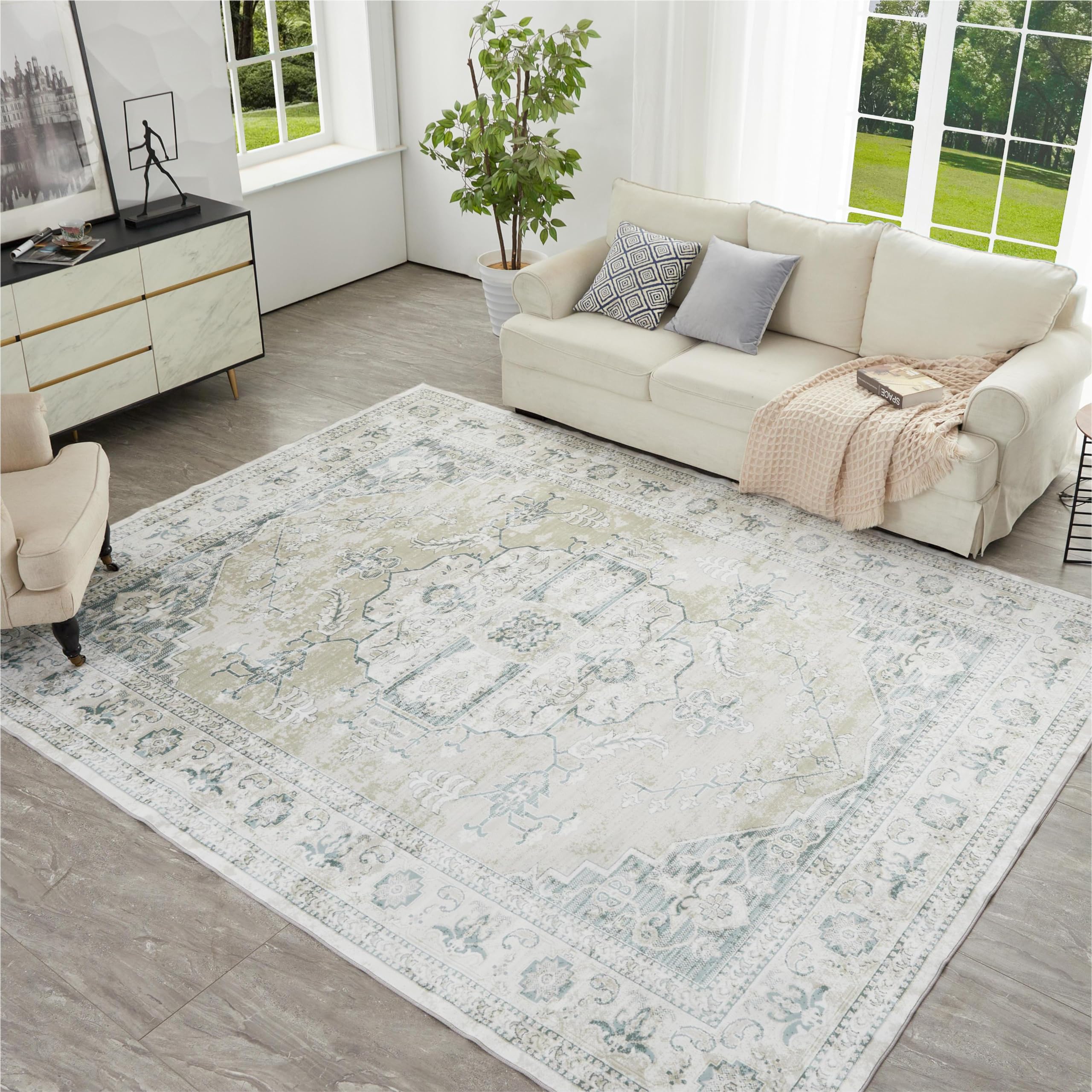 Syalife Washable Rugs, 8'x 10' Distressed Indoor Non-Shedding Low Pile Carpet with Non Slip Backing, Vintage Area Rugs for Living Room, Bedroom,