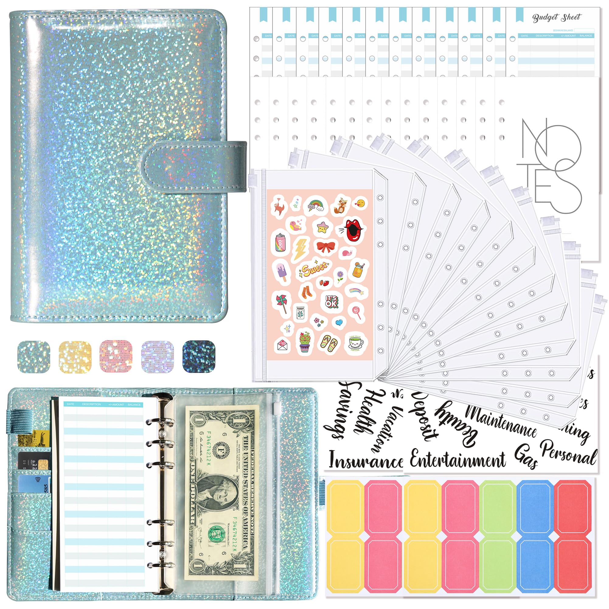 Glitter Budget Planner,Money Saving Binder with Zipper Envelopes & Expense Budget Sheets,Envelopes Money Saving Challenge,Savings Budget Planner with Cash Envelopes (Blue)