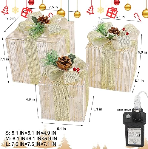 Miniatura 2 de Lulu Home Juego de 3 cajas de Navidad iluminadas, 60 luces LED con lazo, cajas de Navidad enchufables para árboles de Navidad, fiestas, decoración