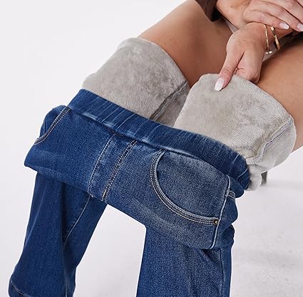 Fakanhui Dames Fleece Gevoerde Brede Pijpen Baggy Jeans Winter Thermische Flanel Gevoerde Jeans Losse Warme Denim Jean, Donkerblauw, L
