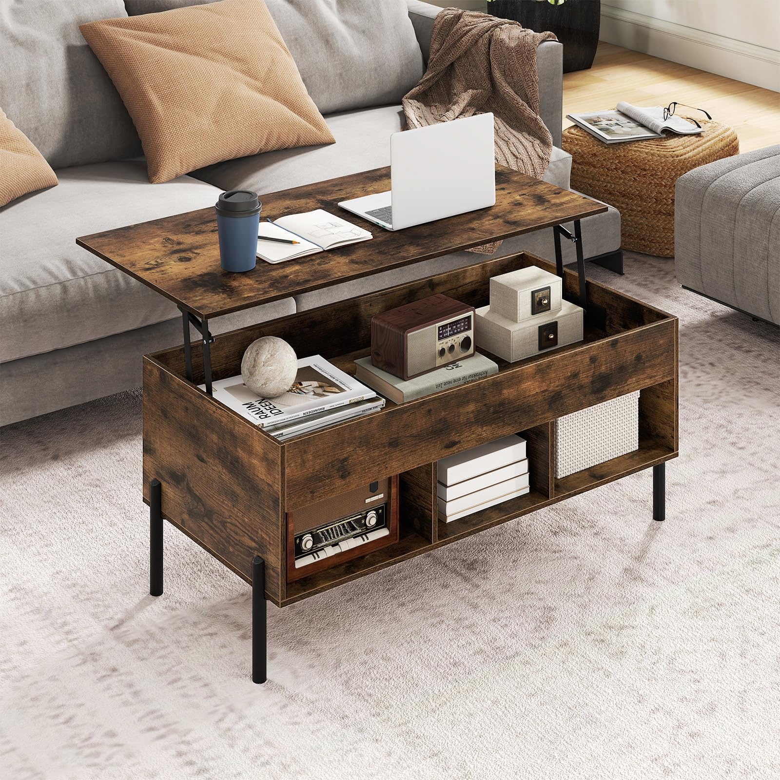 SOARS Couchtisch mit Hubplatte, höhenverstellbarer Beistelltisch mit Stauraum, Wohnzimmertisch mit offenen Ablage & verstecktem Fach, Kaffeetisch für Wohnzimmer & Büro, 100 x 50 x 59 cm (Kaffee)