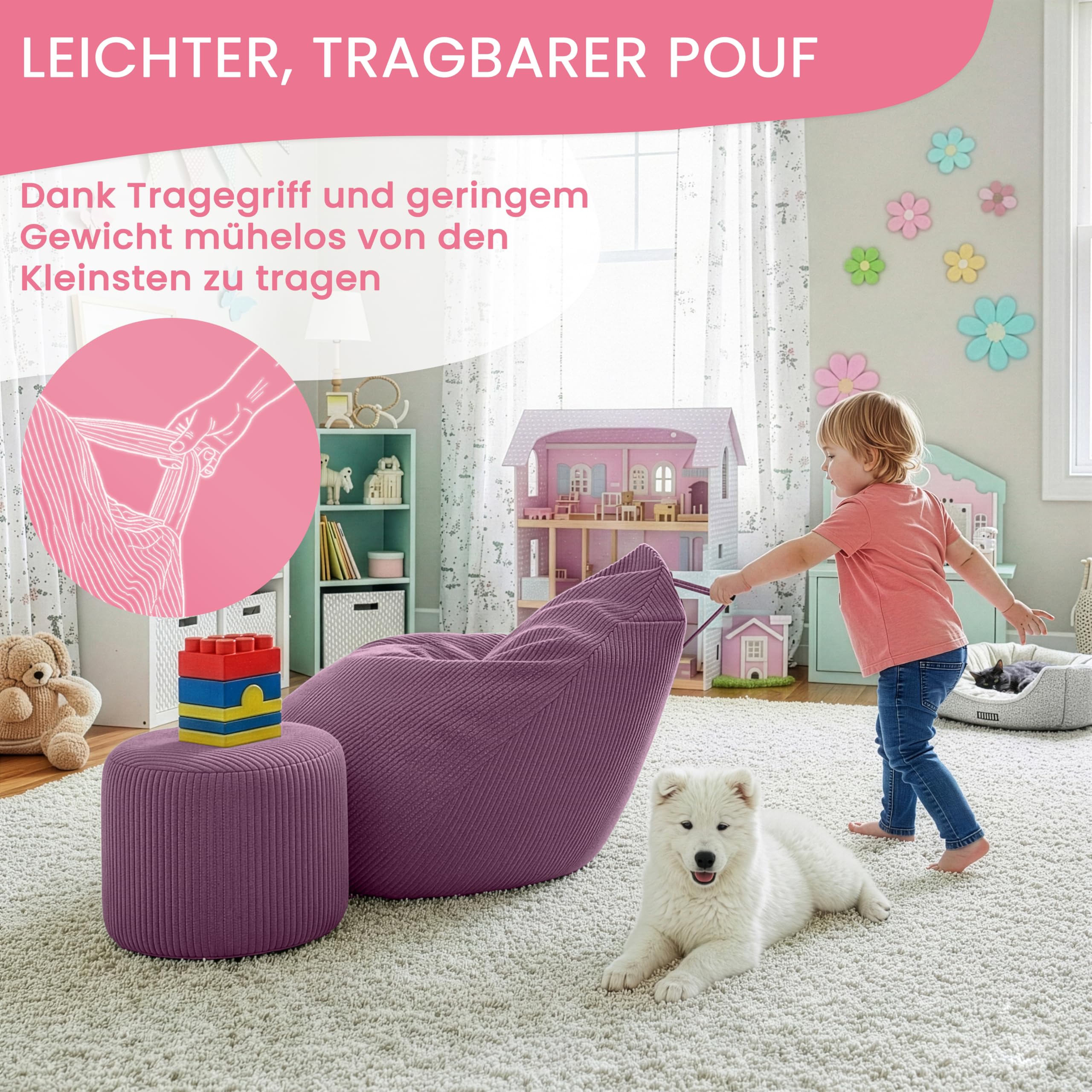 DreamRoots Sitzsack Kinder Cord 70x70x105 mit Hocker, Plum Smoothie | Bean Bag Chair mit Hocker, Lehne & Bezug, mit Füllung, Sitzkissen Boden, Kindersitzsack Kinderzimmer