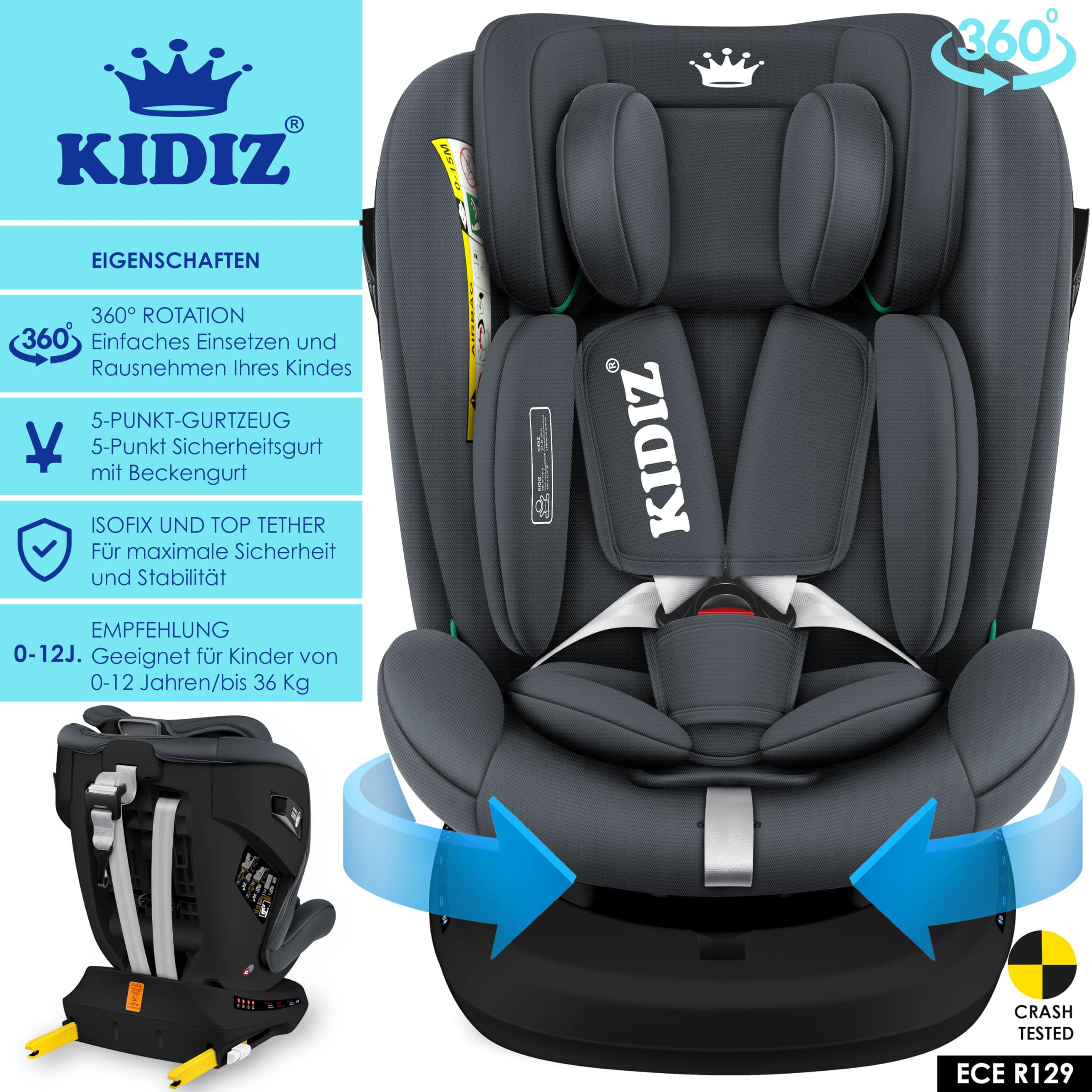 KIDIZ® Autokindersitz mit Isofix i-Size R129 100-150cm Gruppe 0/1/2/3 5-Punkt-Gurt höhenverstellbare Kopfstütze Anthrazit