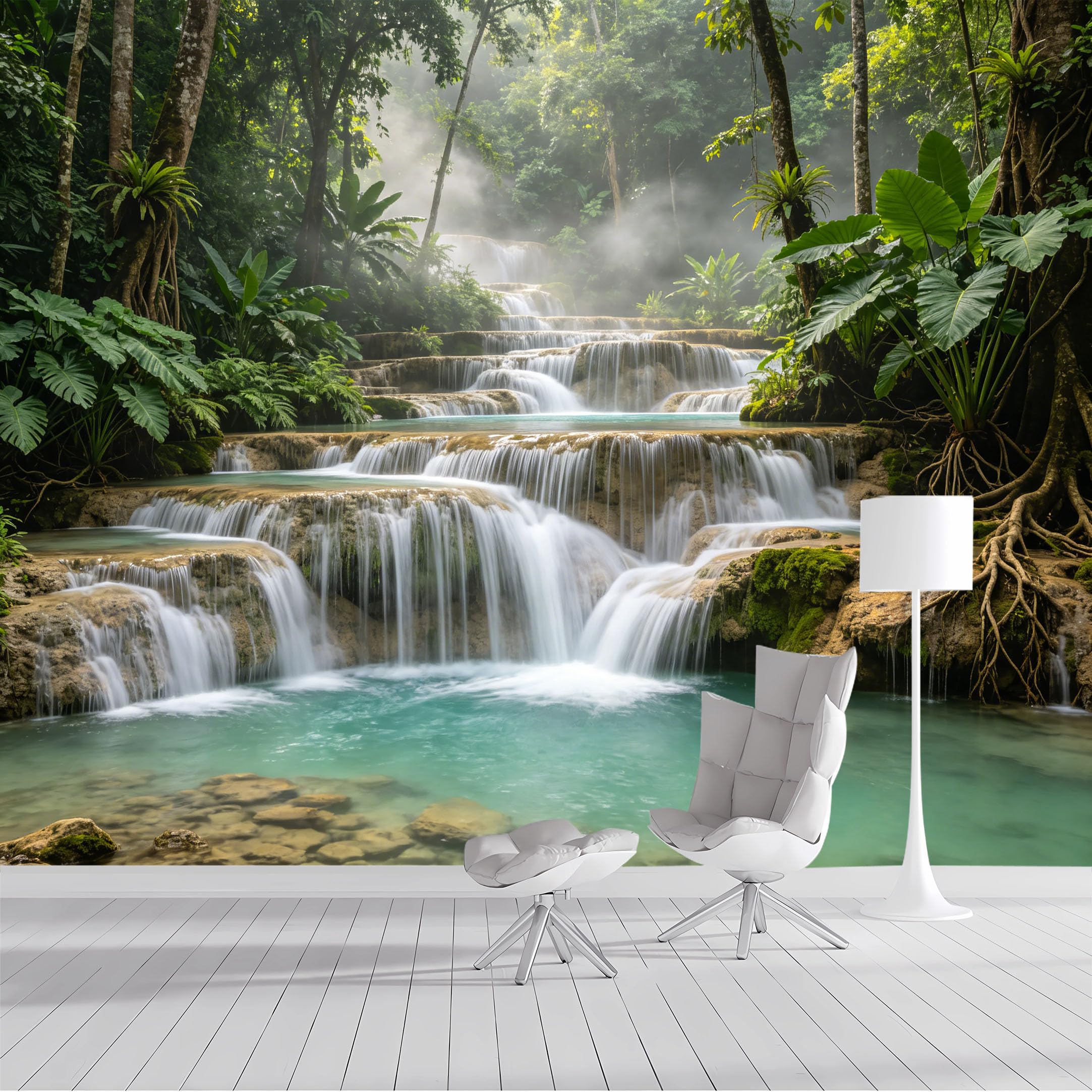 Yzpallescene Custom Size Wall Mural Tropical Forest Waterfall Landscape Nature Scenery SelfAdhesive Wall Fabric Removable Peel and Stick Wallpaper Wall Decor for Living Room Bedroom Bathroom