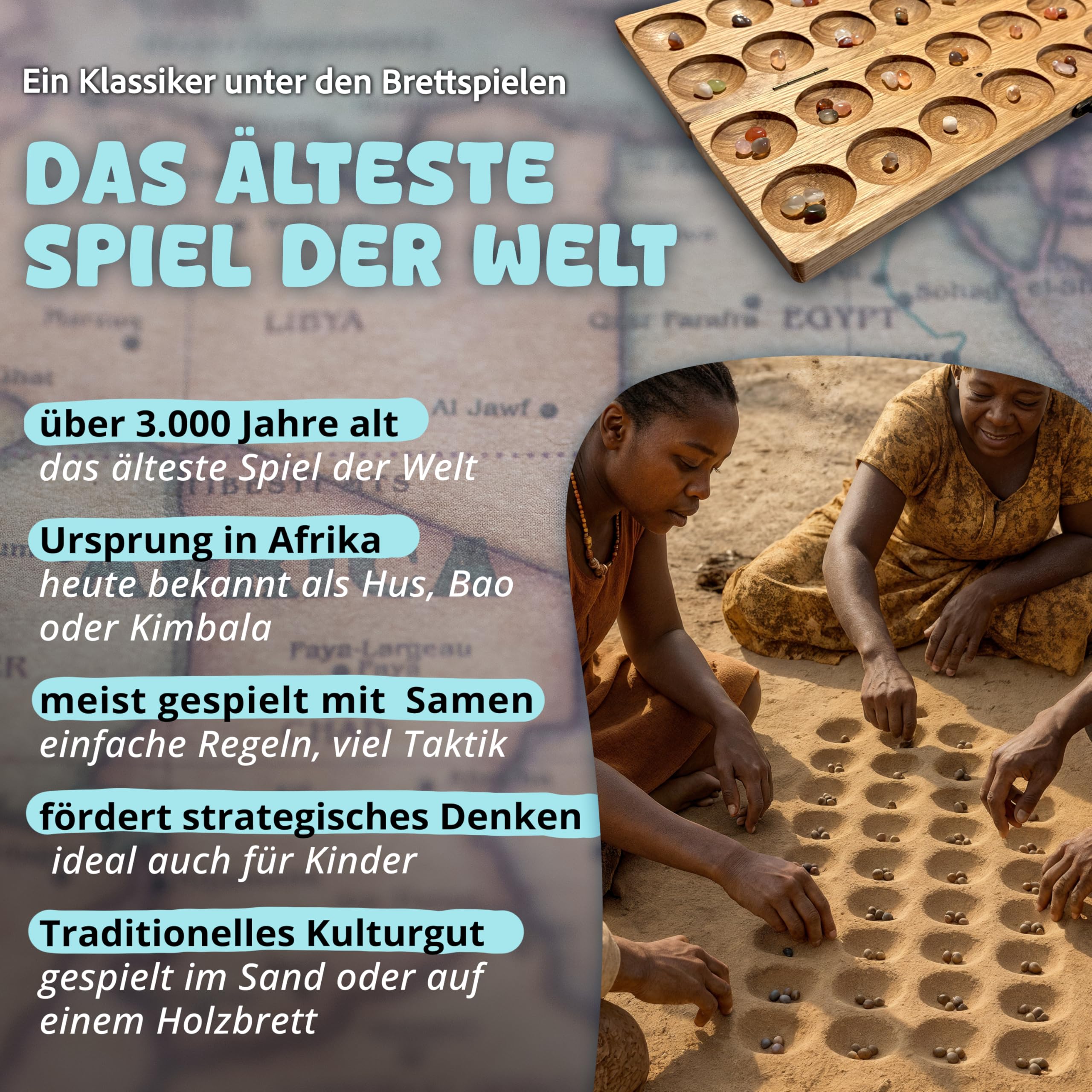 Kimbala Mancala Kalaha Strategiespiel aus Holz für Kinder und Erwachsene inkl. Beutel