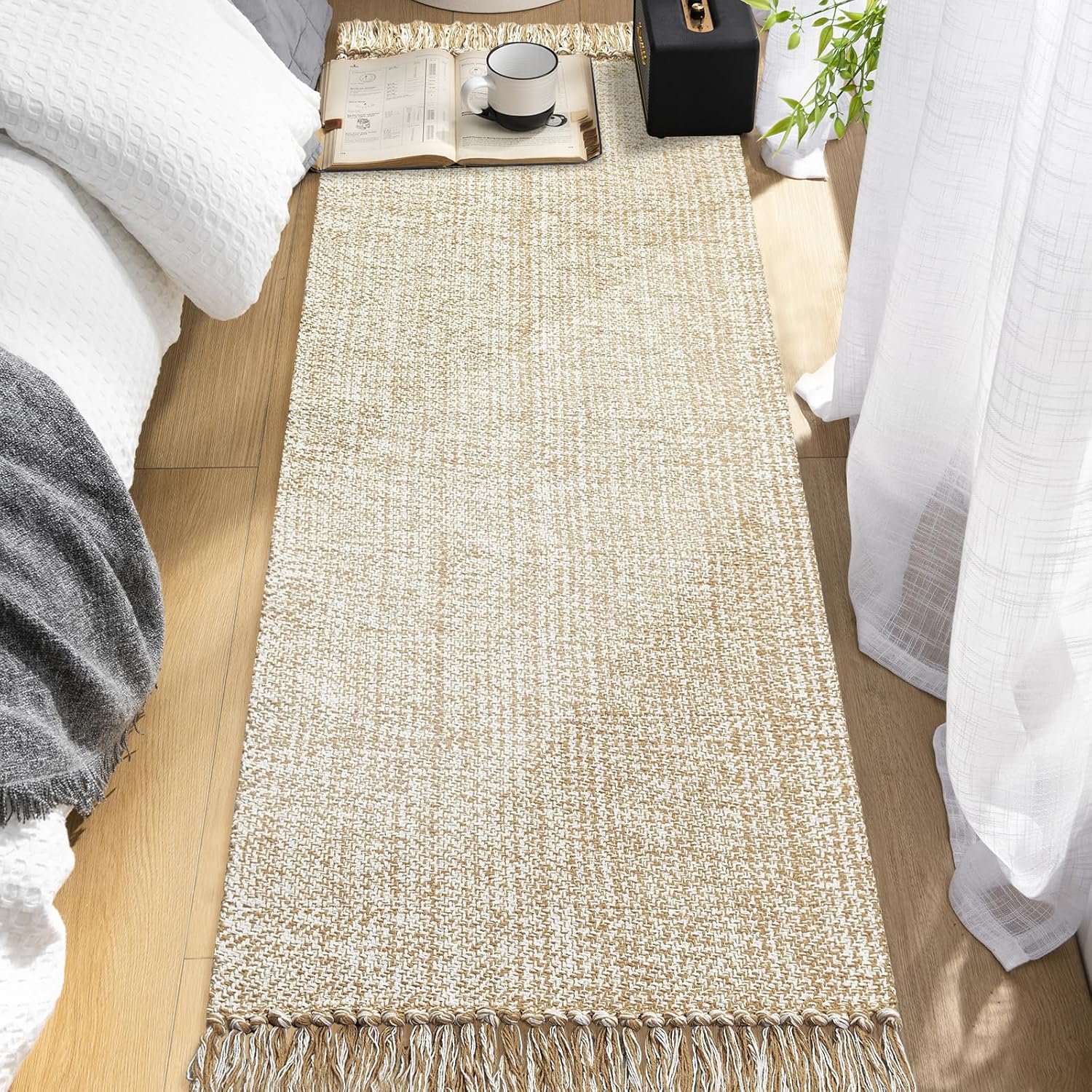 MitoVilla Boho Farmhouse Bathroom Runner Rug 2'x6', Tan Cream Cotton Woven Throw Rugs for Living Room, Washable Kitchen Rugs with Tassel, Area Rugs Floor Mat with Tassel for Entryway, Hallways