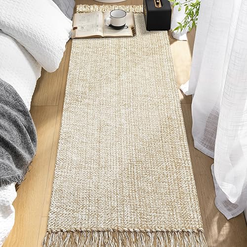 Miniatura 3 de MitoVilla Alfombra de baño de estilo bohemio de 2 x 6 pies, alfombra tejida de algodón color marrón crema para sala de estar, alfombras de cocina