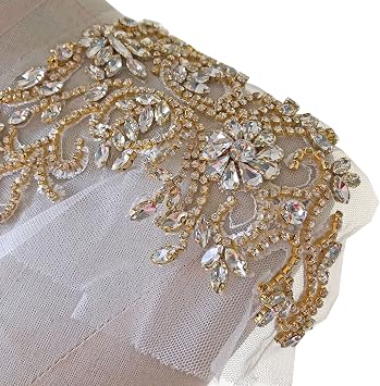 Sparkle Rhinestone Applique Wedding Dress Accessories Beaded Patch V-Neck Crystal Neckline Gold Color