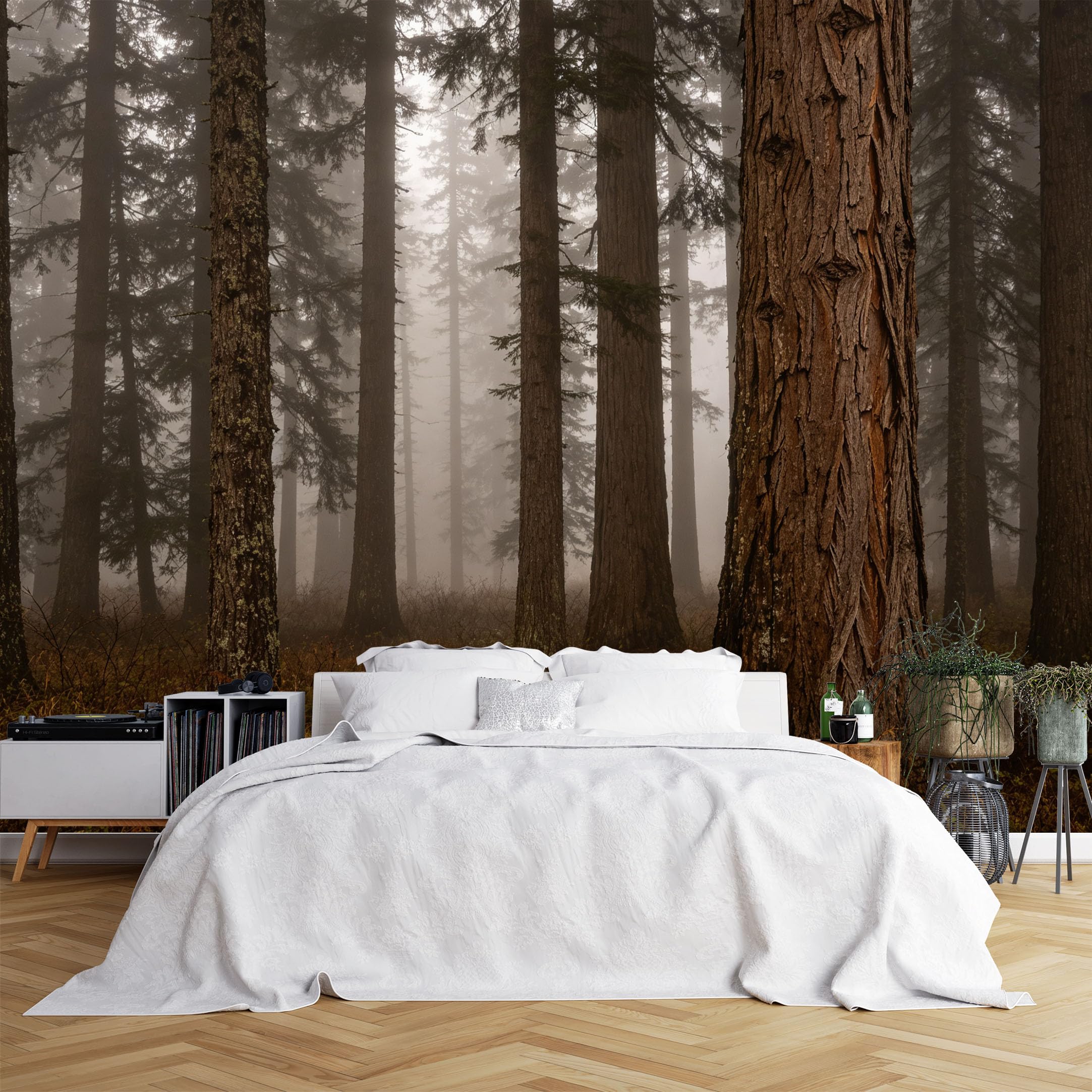 Custom Size Wall Murals Misty Redwood Forest with Tall Trees Wall Murals Natural Scenery Wallpaper, Large Photo Wallpaper Self-Adhesive Removable Wallpaper for Office Room