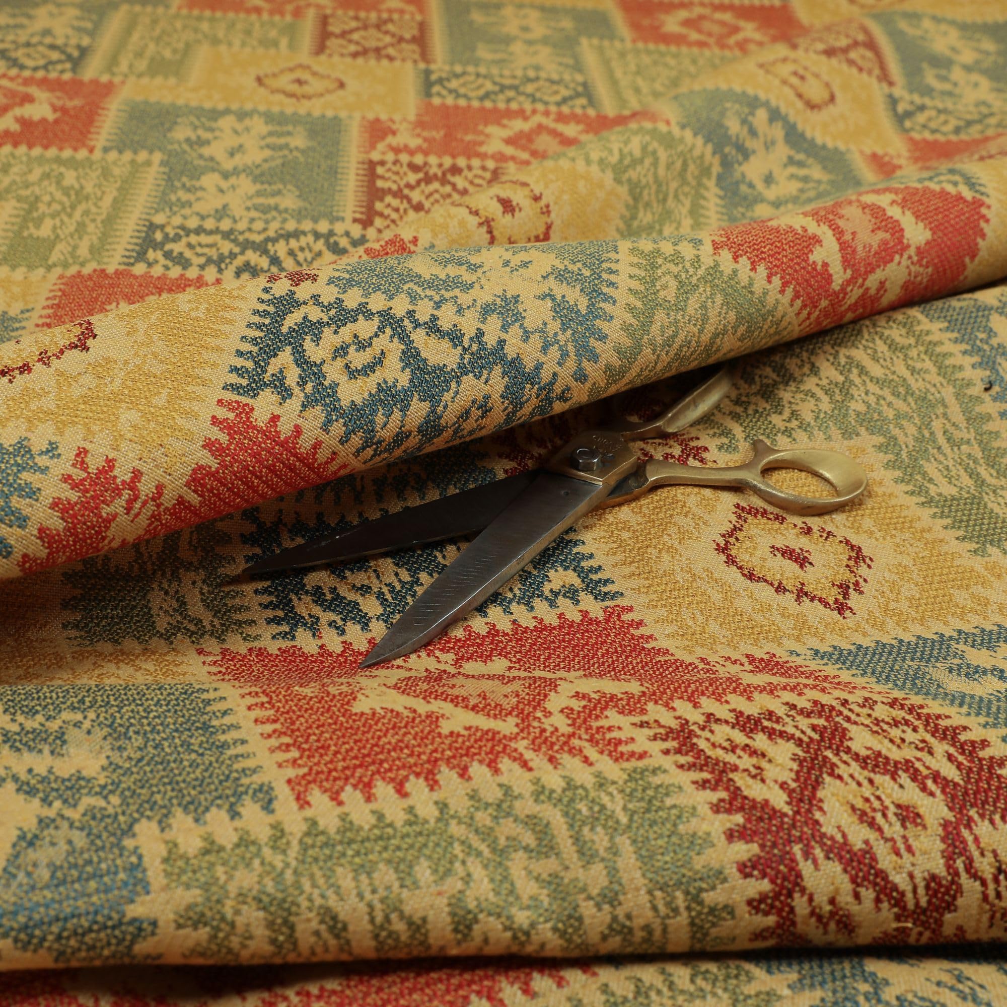 Redbrick Mill Fabrics Yellow Green Kilim Patchwork Chenille Orange Blue Upholstery Furniture Fabric, 135Cm Width (Per Metre)