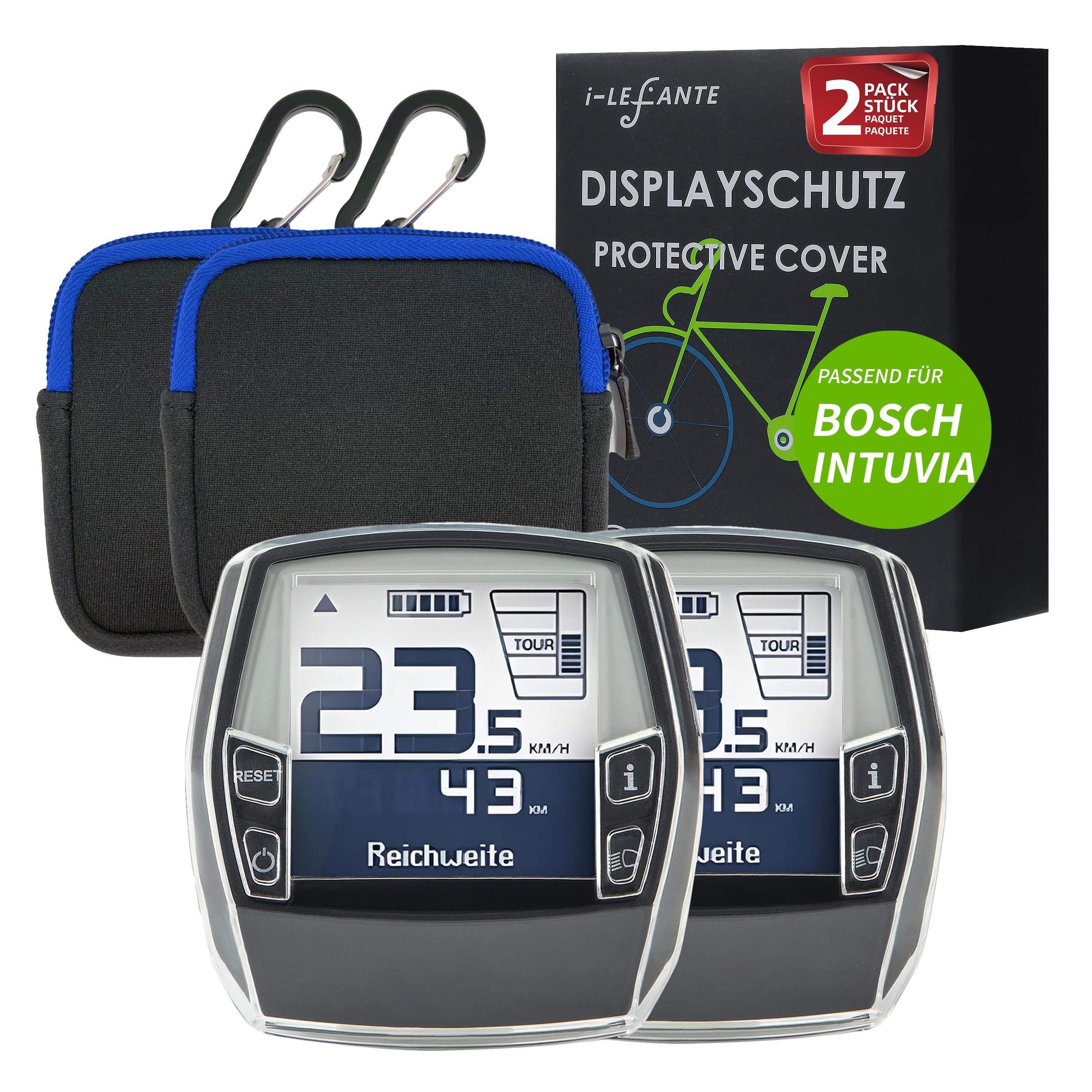i-LEFANTE für Bosch Intuvia Display Schutzhülle mit Neoprentasche | E-Bike Displayschutz | Transparent und wasserdicht | Stoß- und Kratzschutz (2er Set)