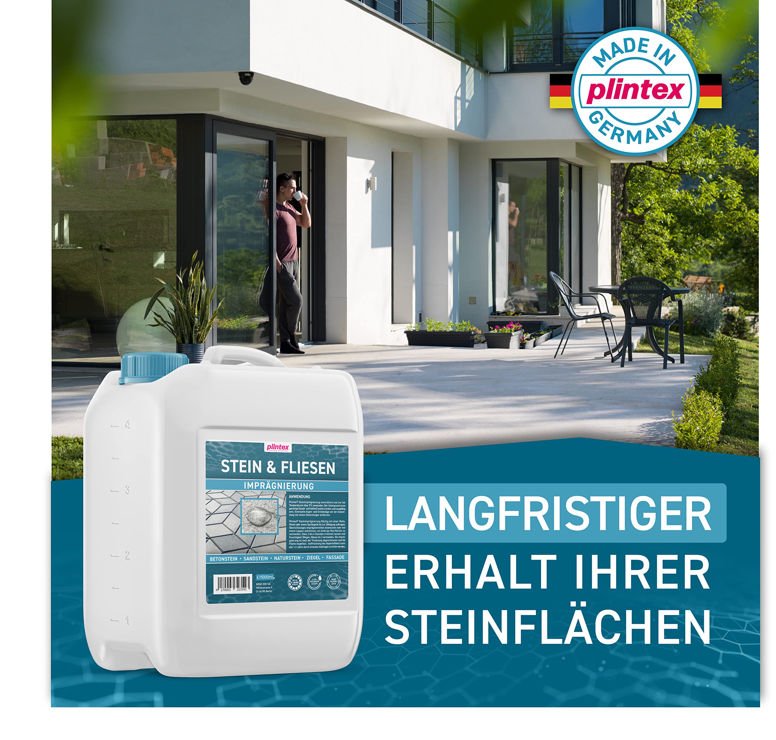 PLINTEX® Steinimprägnierung Außen & Innen 5 L für ca 40-60m² - Universelle Fassaden & Stein Imprägnierung für Naturstein, Beton, Granit & Pflasterstein - Stein-Versiegelung I Made in Germany