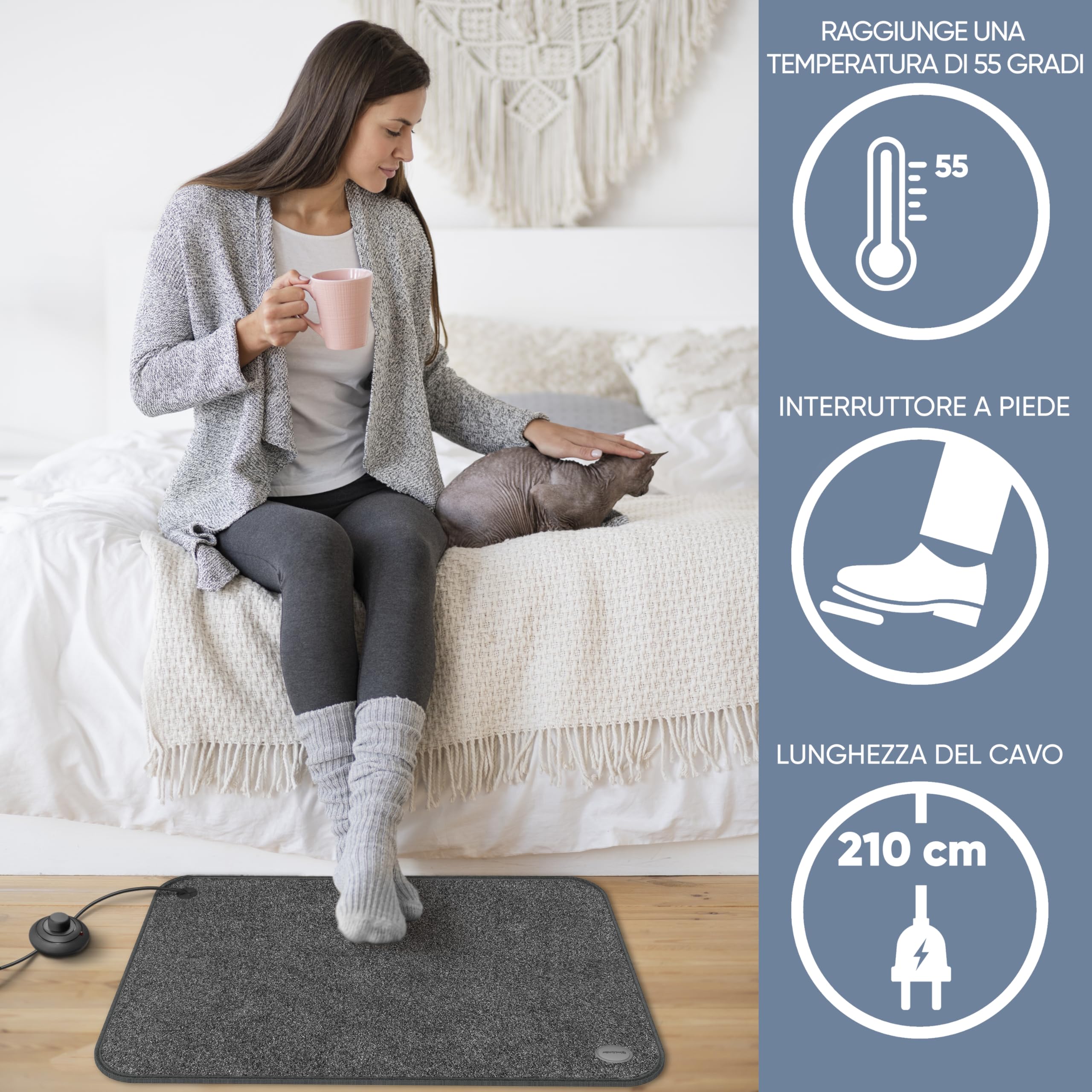 Björn&Schiller Tappetino riscaldante elettrico con interruttore a pedale, tappeto riscaldante piedi per pavimento, 75 Watt, riscalda piedi elettrica, 40x60 cm, per ufficio e casa, cavo da 210 cm