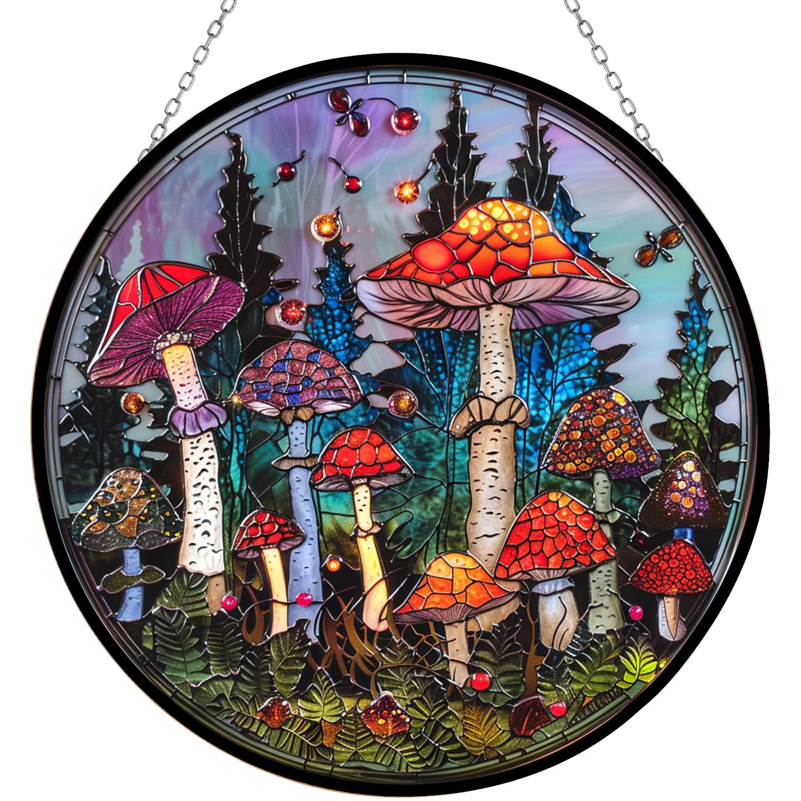 365CUSGIFTS Customized Mushrooms Stained Glass Window Hangings, Handcrafted Stained Glass Suncatchers, Gift for Cat Lovers Nature Lovers 12”x12”