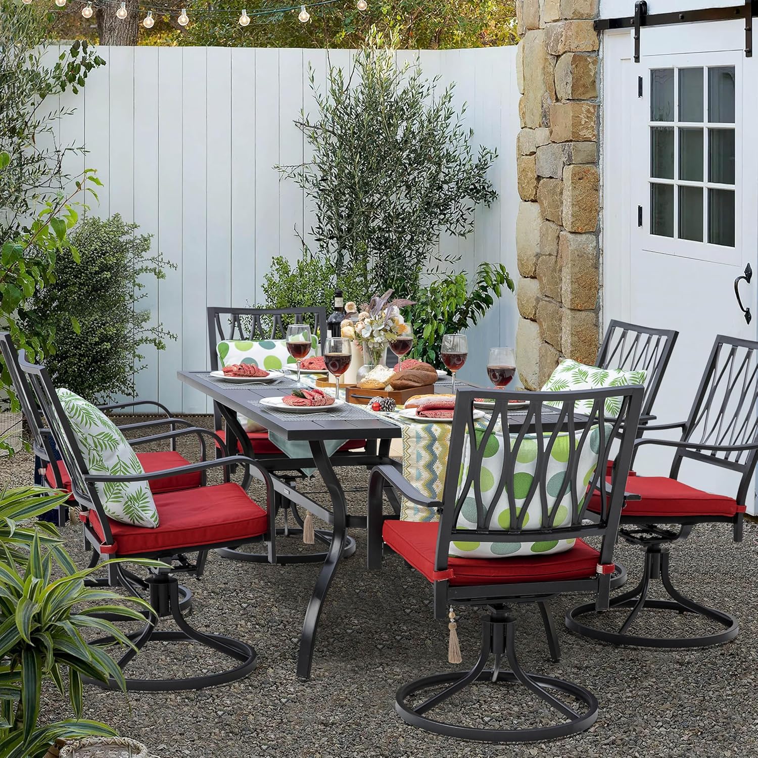 NUU GARDEN 7 Piece Outdoor Dining Set Rectangle Iron Patio Table with Umbrella Hole and 6 Swivel Chairs with Cushions Outdoor Furniture Set for Garden Backyard Black and Red