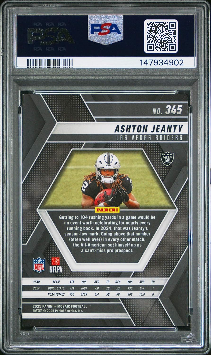 Graded 2025 Panini Mosaic Ashton Jeanty #345 Rookie RC Football Card PSA 10 Gem Mint