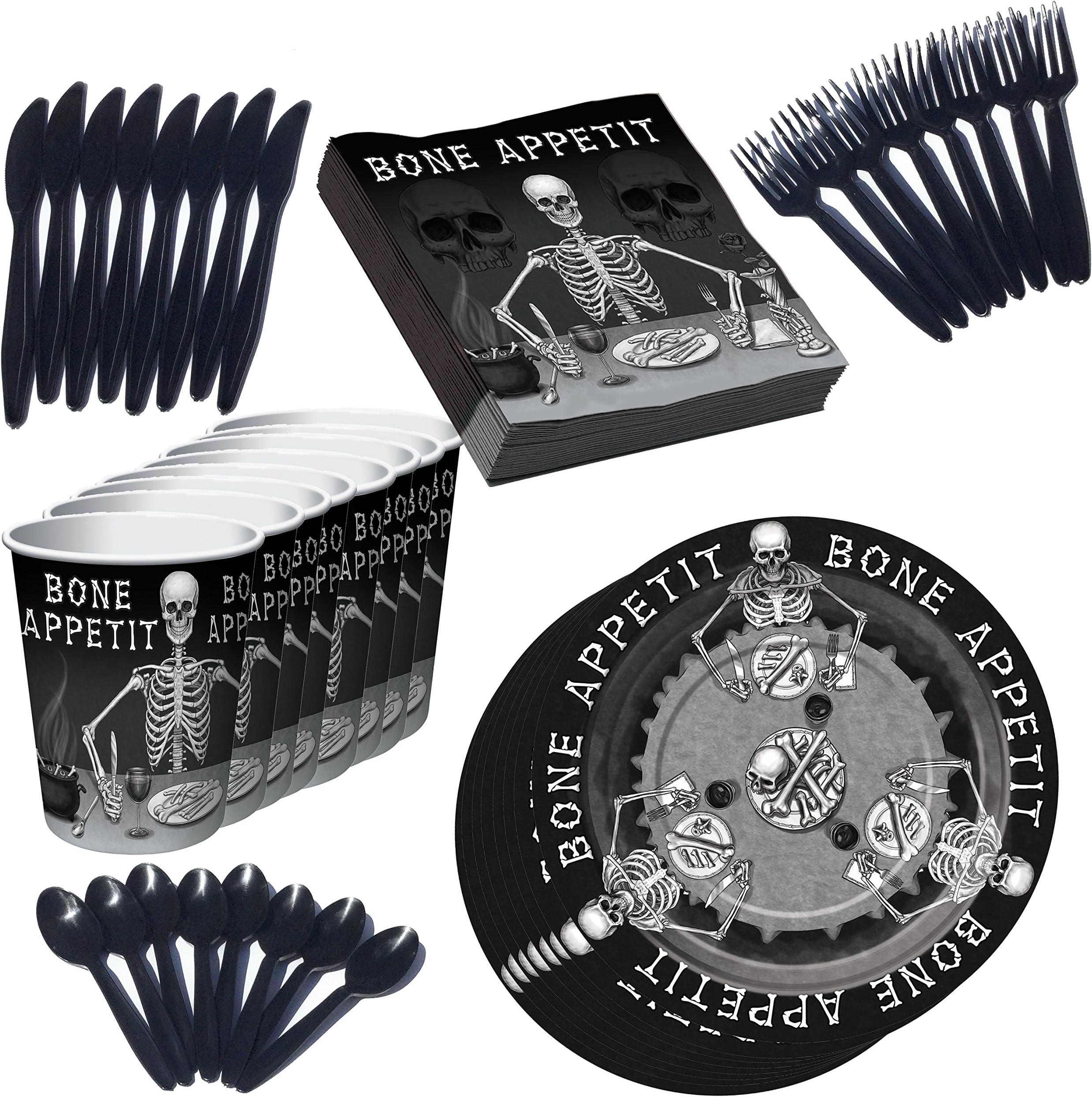 Skeleton Halloween Plates, Party Cups, Beverage Napkins Cutlery Kid Halloween Party Supplies 48 Piece Serves 8 (Skeleton Black)