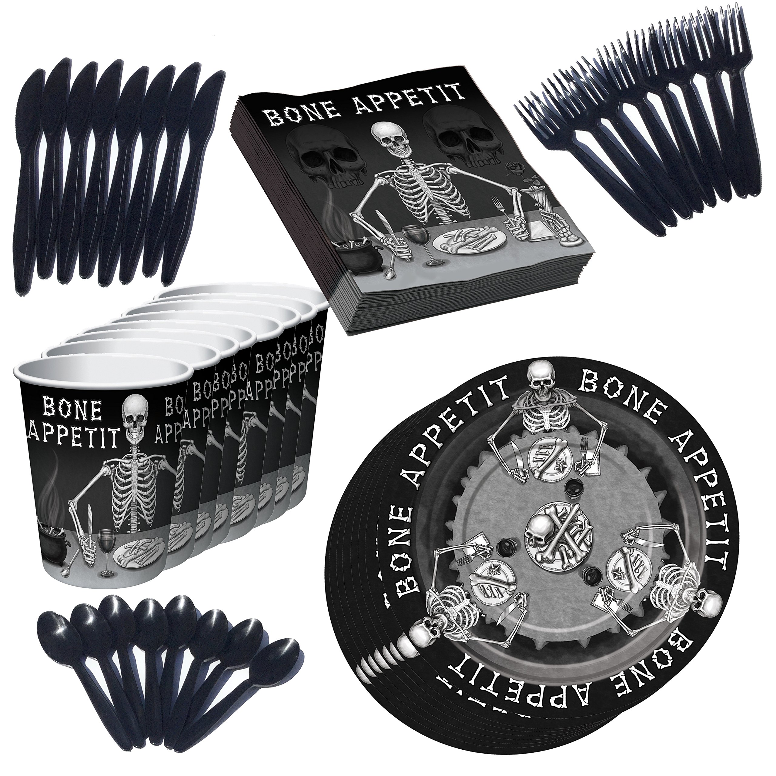 Skeleton Halloween Plates, Party Cups, Beverage Napkins Cutlery Kid Halloween Party Supplies 48 Piece Serves 8 (Skeleton Black)