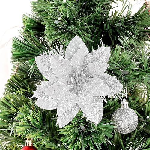U'Artlines 12 flores de Pascua artificiales con purpurina navideña, flores de Navidad con clips de metal, adorno de árbol de Navidad para invierno,
