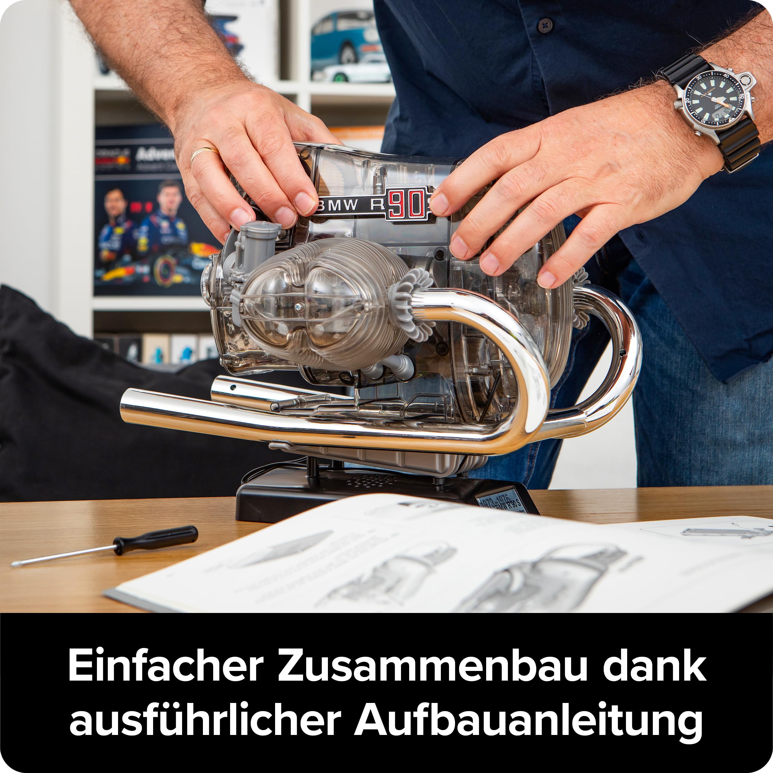 Franzis BME019 67009 0 BMW R 90 S Boxermotor originalgetreues Modell, Bausatz mit schaltbarem 5 Gang Getriebe, über 200 Teile und Begleitbuch, bunt