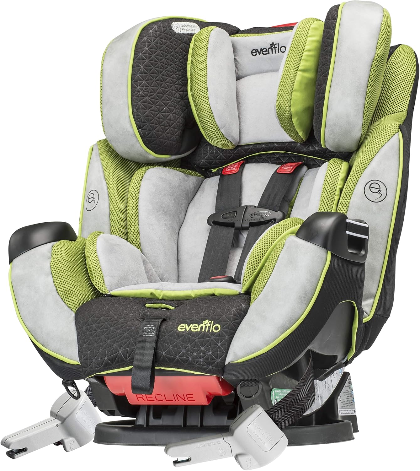 Evenflo Symphony DLX баары бир жерде кабриолеттелген унаа отургучу, бурчтуу view кайра жаткыруу механизмин көрсөтүү