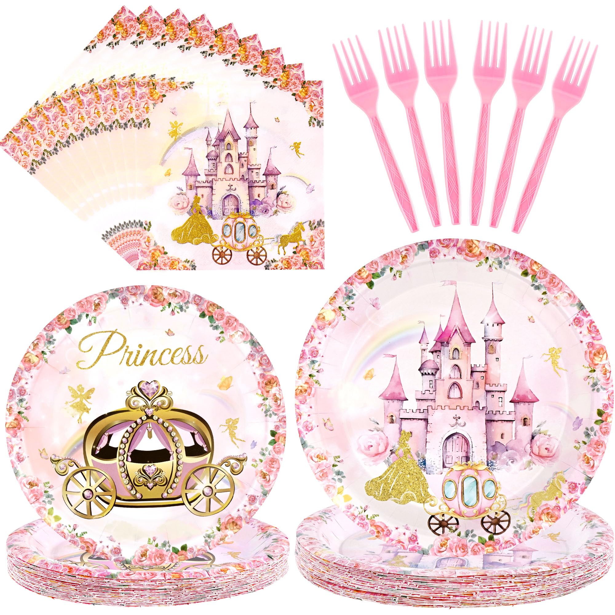 CANREVEL 96 PCS Princess Party Plates Serve 24, Princess Plates and Napkins Forks Set, Disposable Tableware for Birthday Supplies Party Decorations