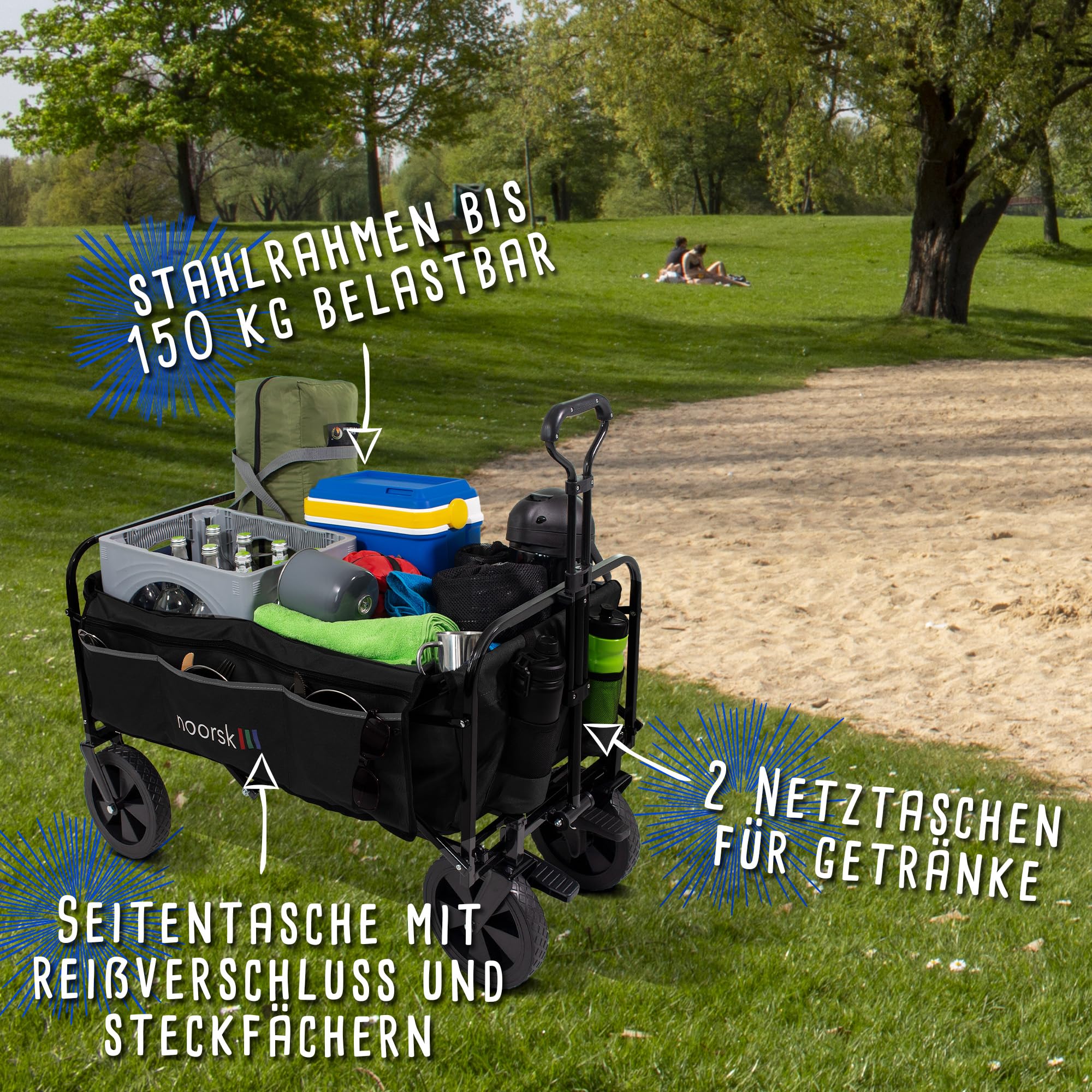 noorsk Faltbarer Bollerwagen - Klappbarer Transportwagen mit Vollgummi-Rädern - Robuster Handwagen für Garten, Ausflüge & Einkäufe - Platzsparend & vielseitig einsetzbar - Blau