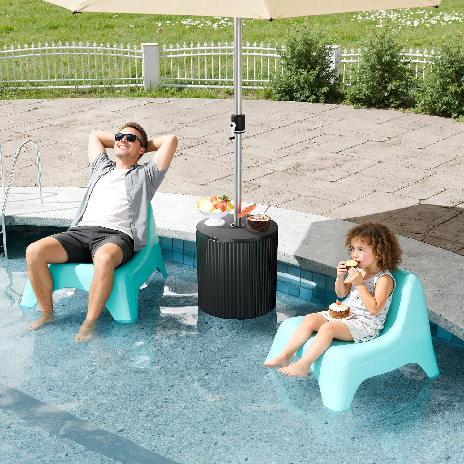 2-in-1 Outdoor Umbrella Base, Umbrella Side Table with 2.2 Inch Hole, Bladder Umbrella Base with Adjustable Knob, Weighted Umbrella Stand for Outdoor, Patio, Garden, Poolside, Black