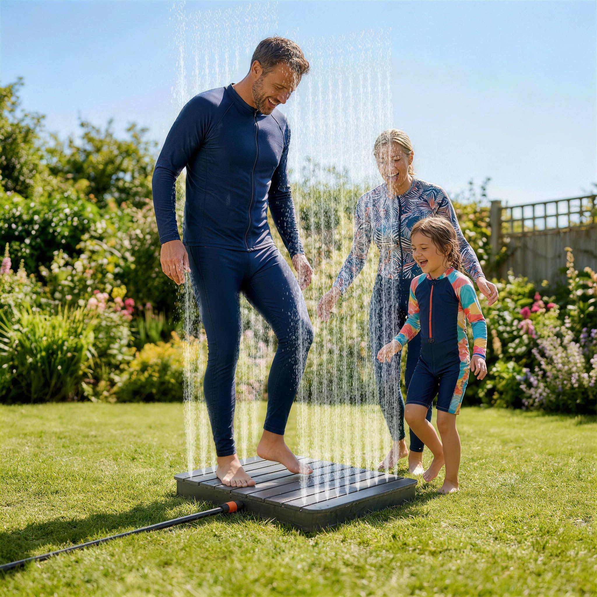 UISEBRT WPC Ducha de jardín con ruedas hasta 4 m de altura de la fuente, antideslizante, resistente a la intemperie y a las heladas y a los rayos UV, ducha exterior para piscina, camping, sauna