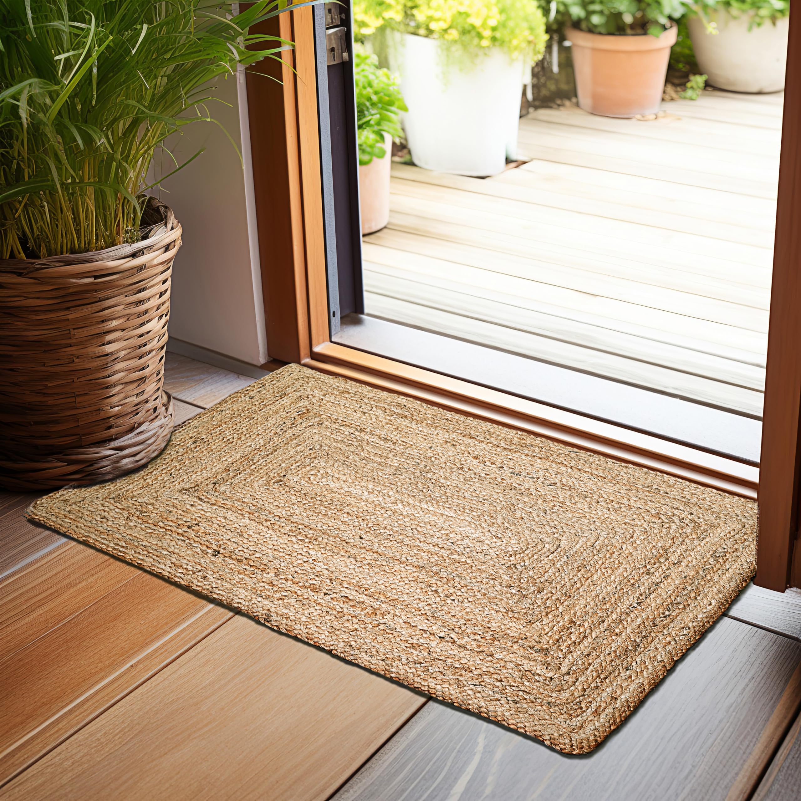 Hausattire Hand Woven Jute Braided Rug, 2'x3' – Natural, Reversible Boho Entry Area Rugs for Kitchen, Living Room I Farmhouse Indoor Outdoor Decorative Floor Rug, 24x36 Inches