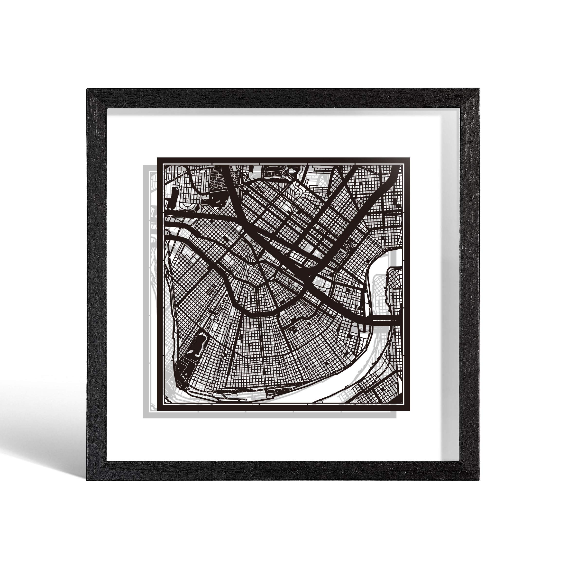 O3 DESIGN STUDIO New Orleans Paper Cut Map framed, Black map, Black frame, 9x9 inches, Gift Boxed, 2 background color, self-changing, Paper Art โ image 1