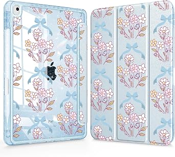 Tuiklol for iPad 10.2 inch 9th/8th/7th Gen 2021 2020 2019 Case, Built in Pencil Holder Sparkly Protection Stand Clear Back Cover- Trifold Stand-Auto Wake/Sleep for iPad 10.2 Case,Blue Bow Flower