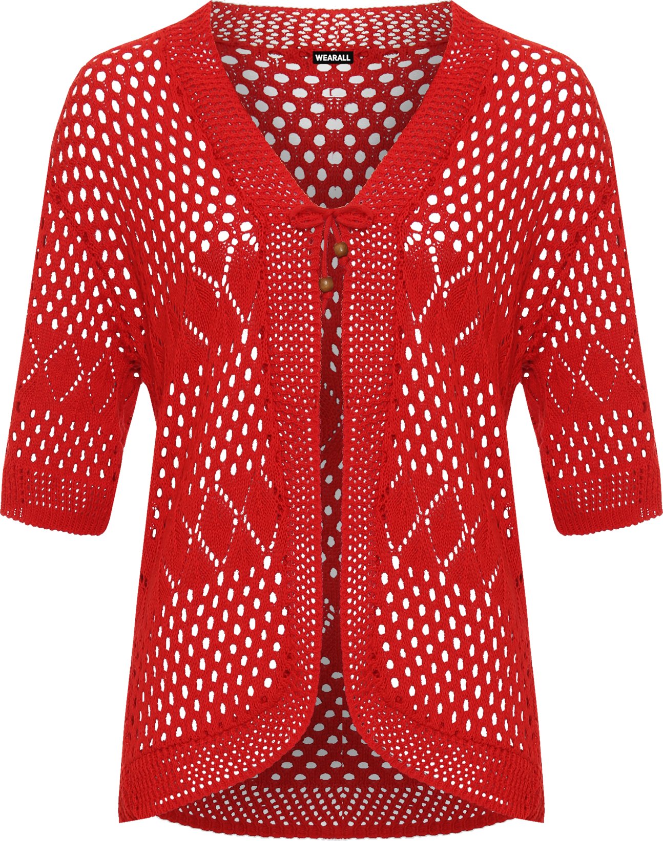 Wearall Women's Red Plus Crochet Knitted Open Tied Cardigan Short Sleeve Shrug Top New - 24-26