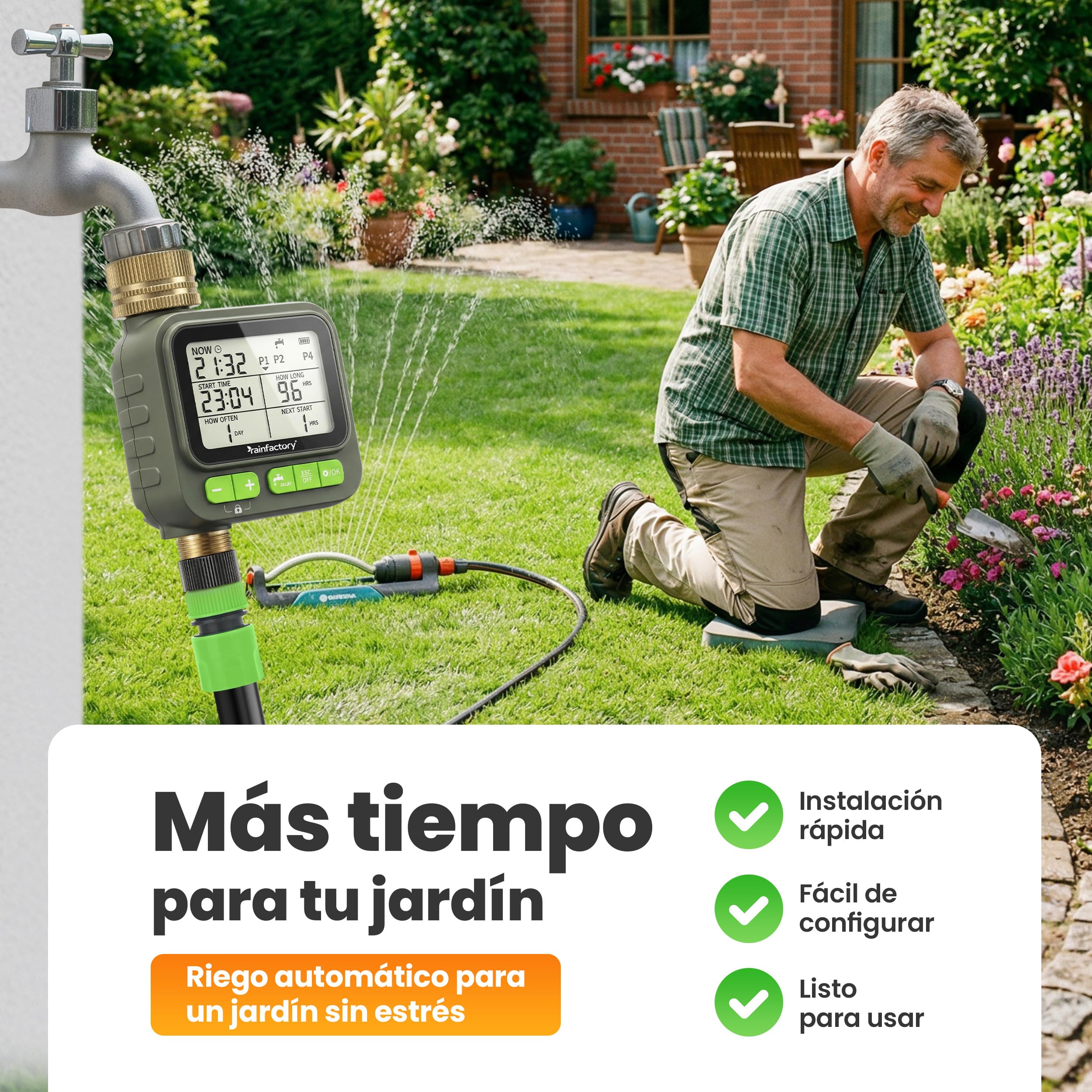 rainfactory - Programador de riego automático 1 Salida, Temporizador riego a Pilas IP65 con Pantalla LCD, 4 programas, Manual, función delay, conexión ¾ para jardín, balcón, macetas, riego por Goteo