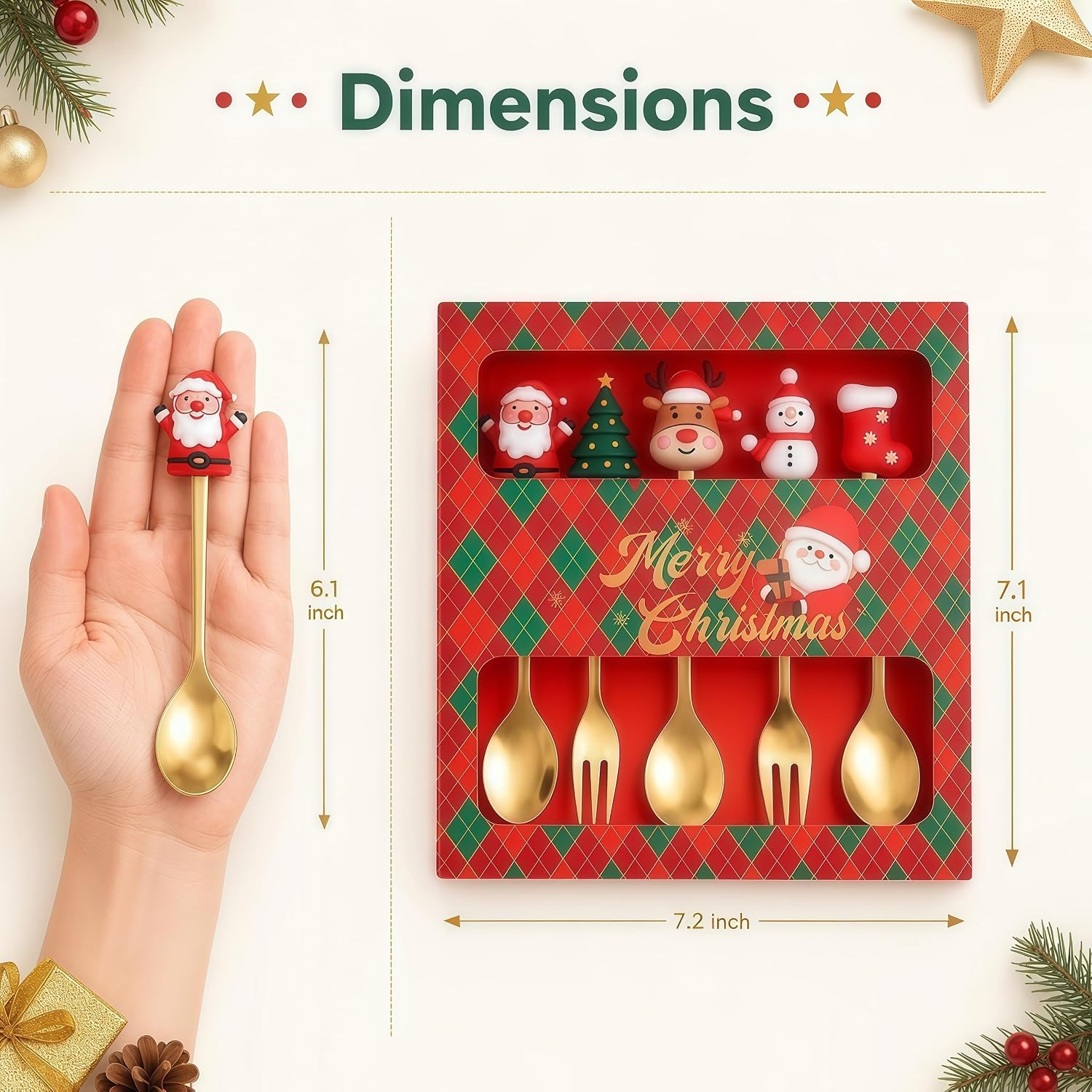 The Universe Cute Cartoon Dessert Spoon Fork Set with Santa Reindeer Tree in Gift Box (Style C)
