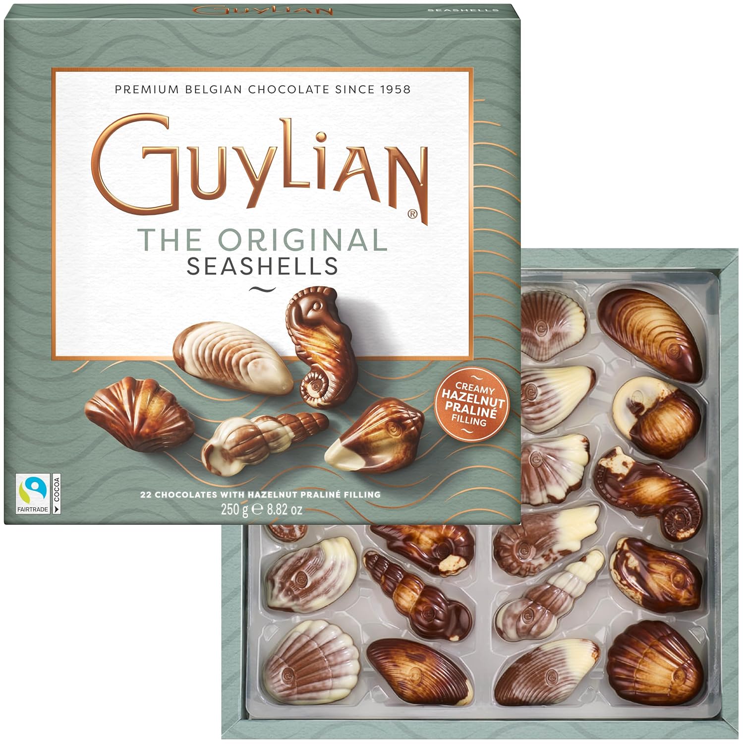 Belgian Chocolate Seashells, 8.82 oz, 22 pc Gourmet Hazelnut Praliné Truffles by GuyLian, Assorted White &amp; Milk Chocolate Candy Gift Box for Women and Men Fairtrade International