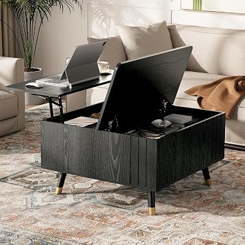 Square Coffee Table with Lift-Top & Flip-Top Storage, 36" Lift Tabletop Dining Center Table with Solid Wood Legs, Functional Modern Black Coffee Tables for Living Room Small Space or Office