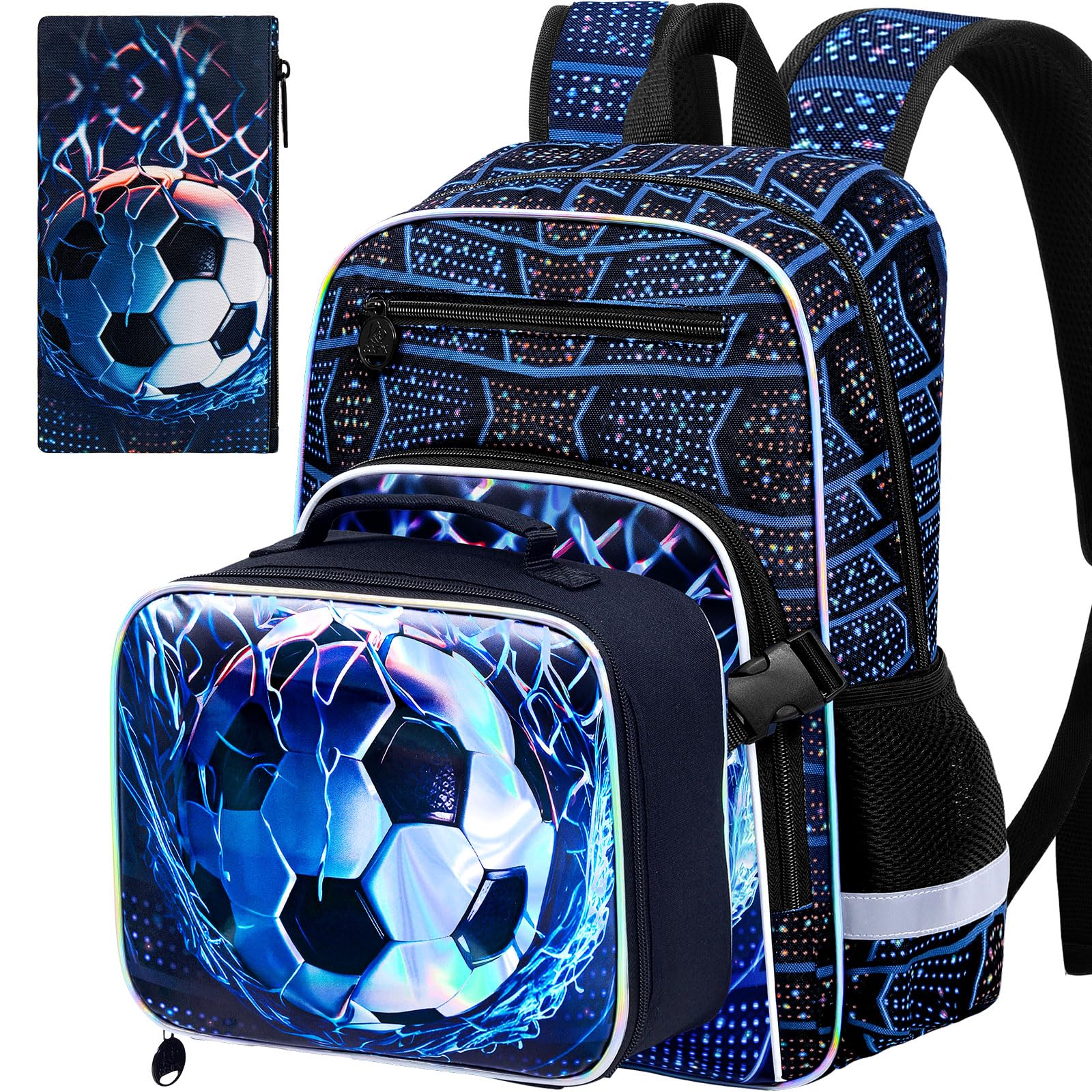 17" Soccer Backpack for School, 3Pcs Boys Bookbag with Lunch Box, Kids Backpacks Set for Elementary Preschool Kindergarten (Blue)
